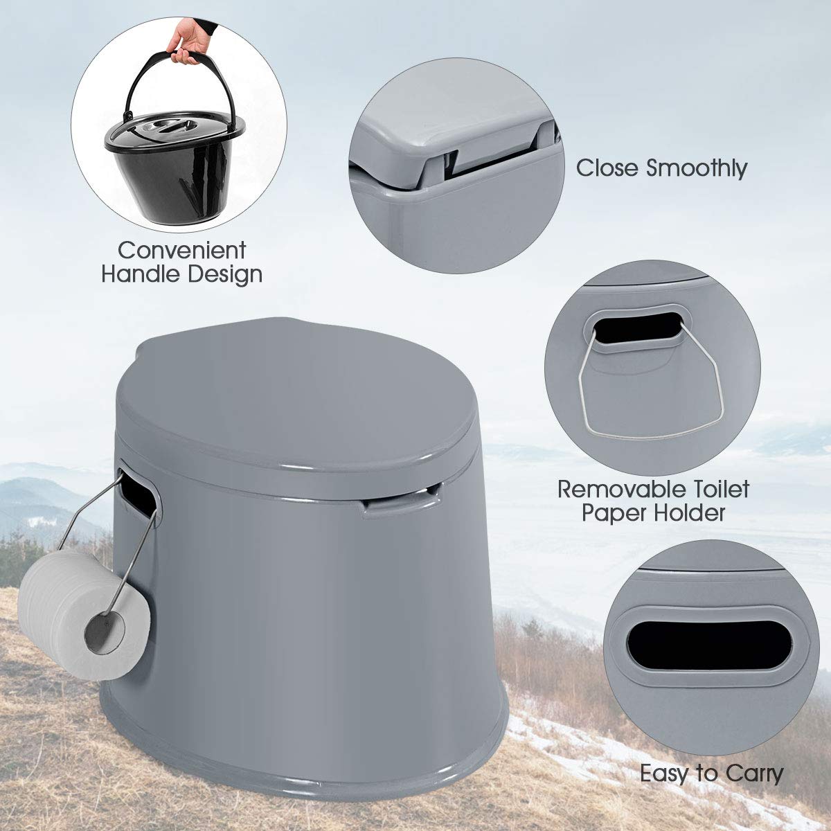 Portable Travel Toilet with Detachable Inner Bucket & Toilet Paper Holder - Lightweight Outdoor Camping Toilet for RV, Boating, Hiking & Emergency Use - Compact Indoor/Outdoor Commode (Gray) - Perfect for Camping Trips, Road Trips, Boating Adventures & Emergency Preparedness