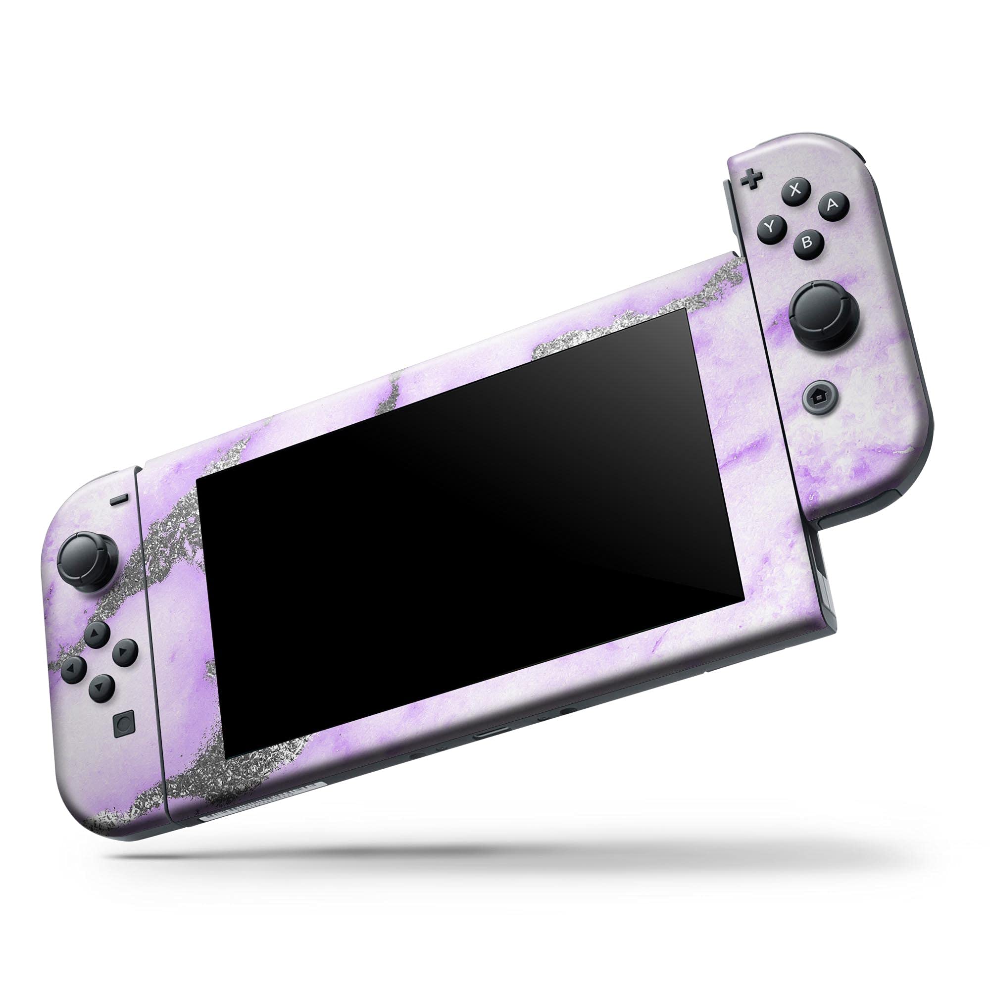 Nintendo Switch Lite Skin Decal - Scratch-Resistant Removable Vinyl Wrap Cover - Purple Marble & Digital Silver Foil V3 - Perfect for Gaming Protection & Customization