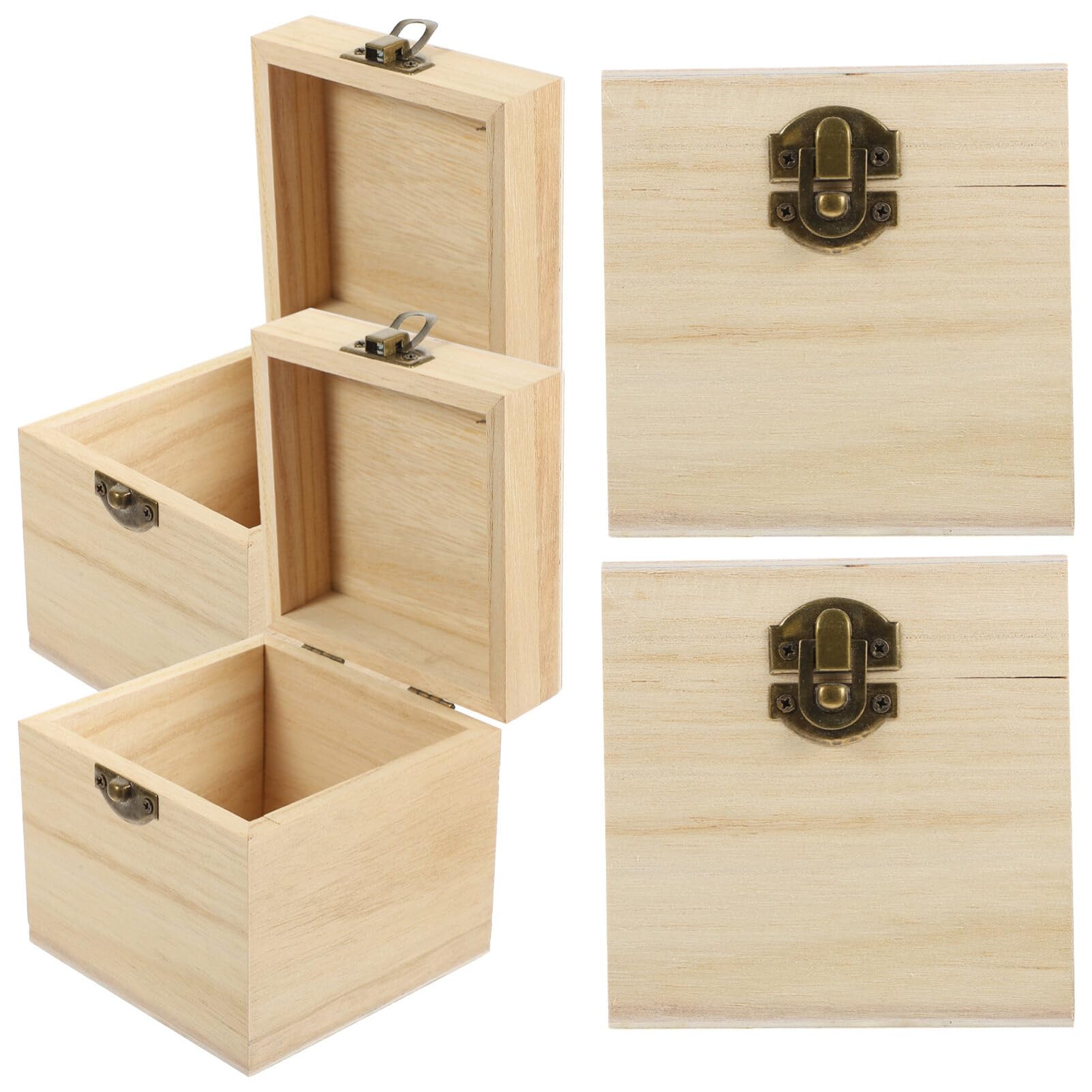 4-Piece Unfinished Wooden Square Box Set with Hinged Lid & Front Clasp - DIY Craft Storage, Jewelry Organizer - Perfect for Home Decor, Wedding Favors & Gift Packaging