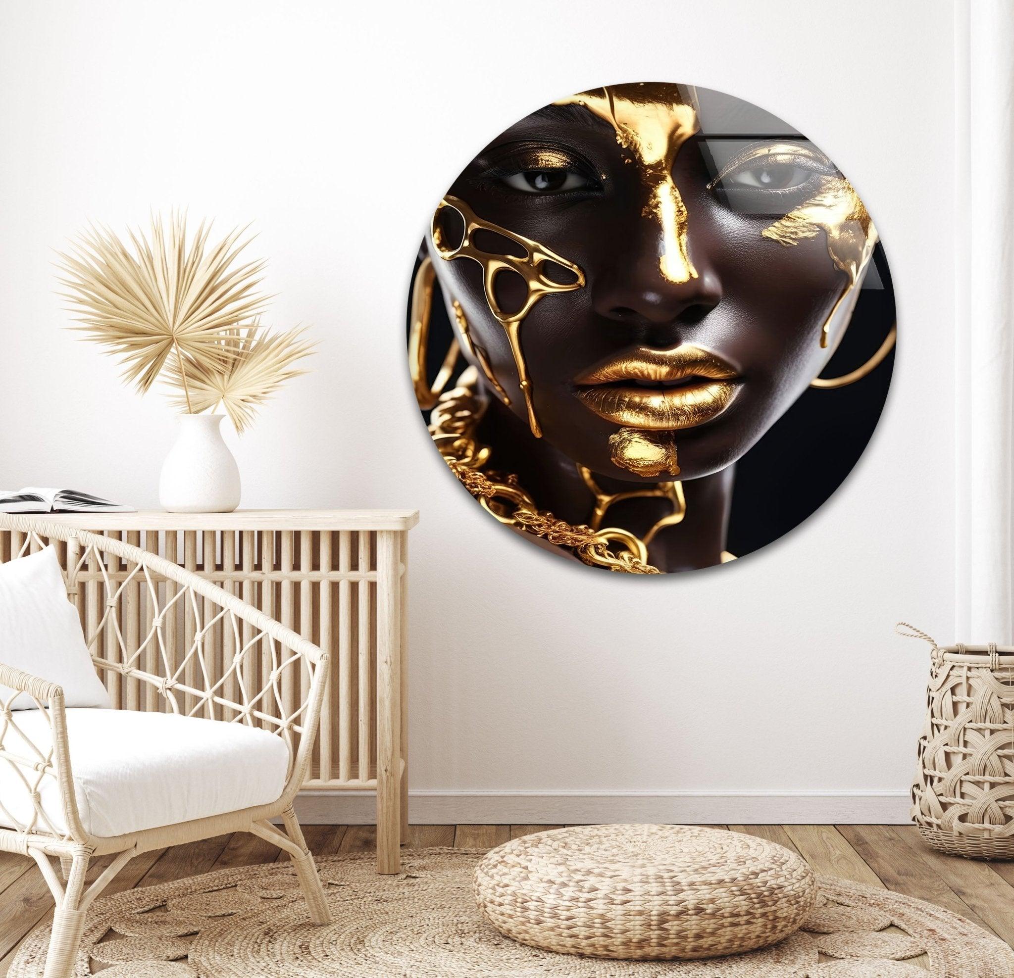 African Gold Woman Glass Wall Art - Handmade African Decor for Living Room, Bedroom & Office - Elegant Home Decor Gift for Women