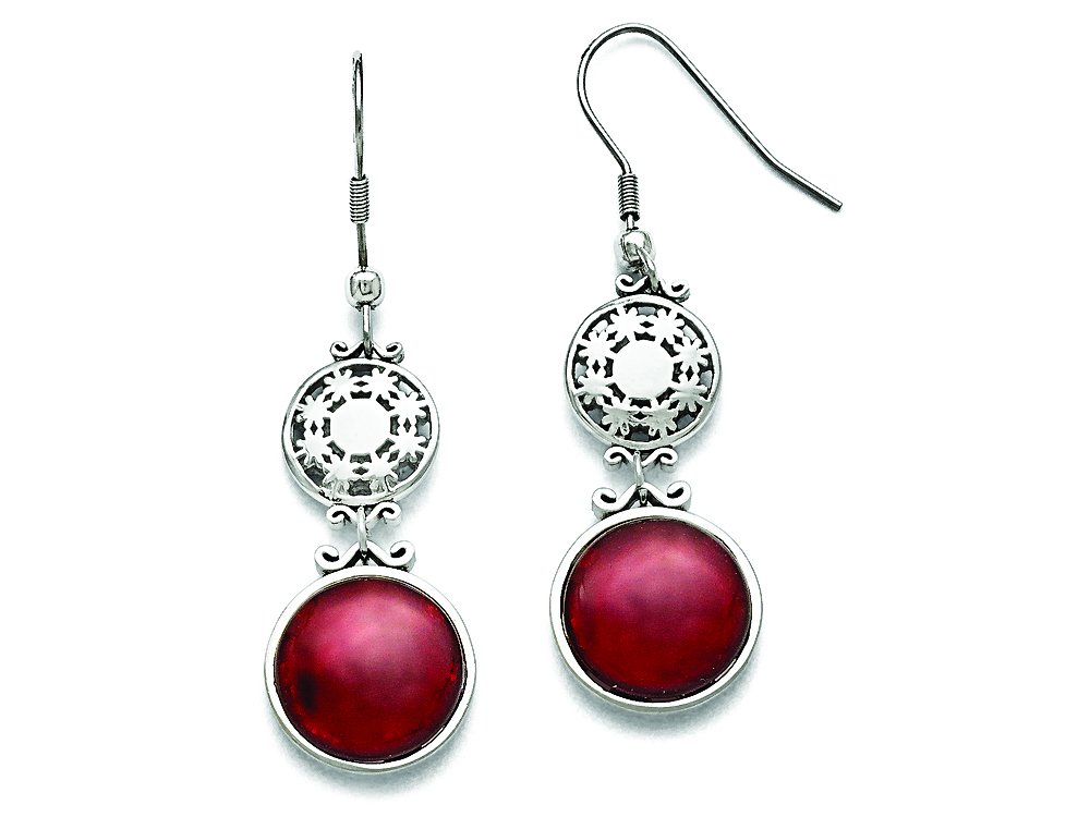 Stainless Steel Chisel Red Glass Polished Shepherd Hook Earrings for Women - Elegant Dangle Earrings for Parties, Weddings & Everyday Wear
