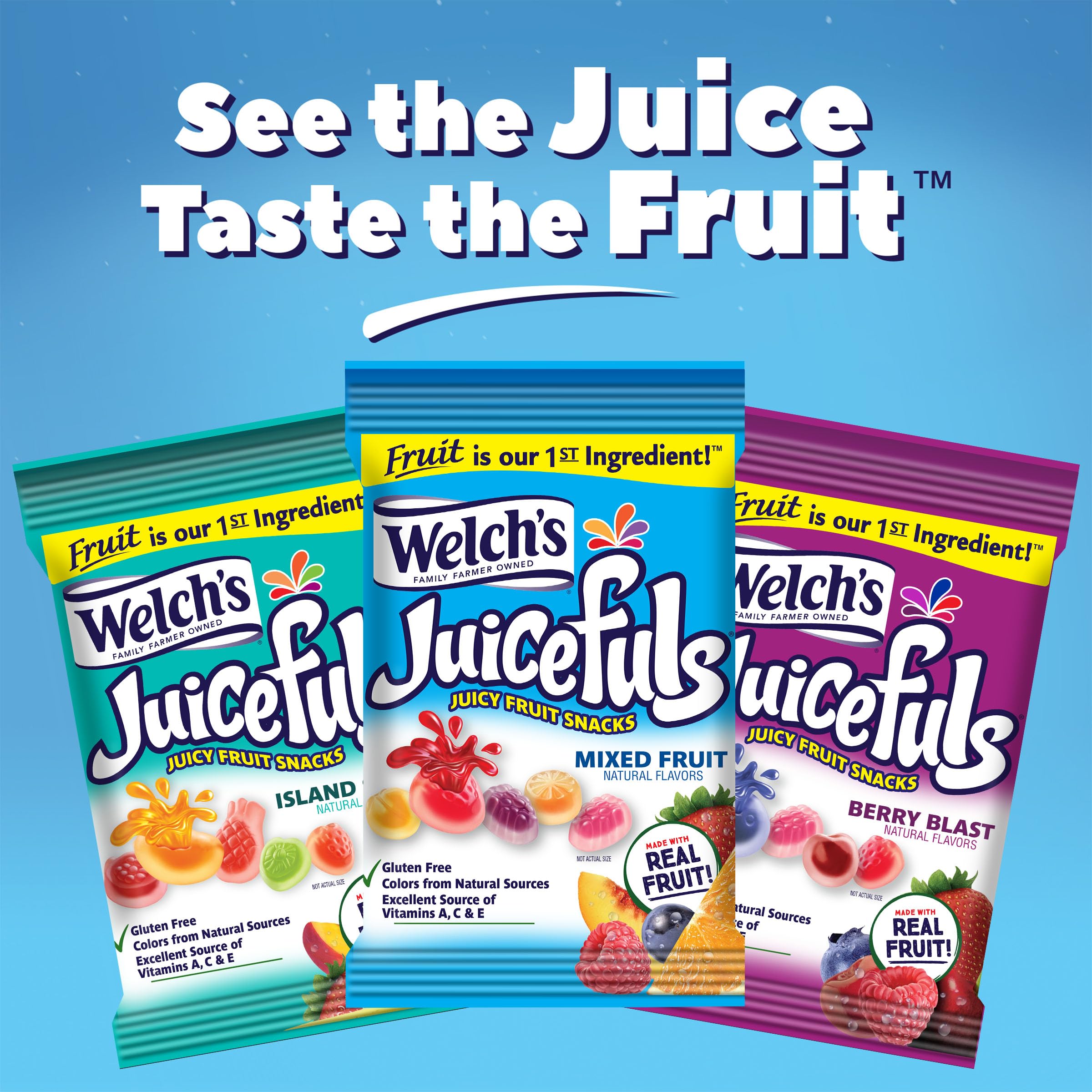 Welch's Juicefuls Mixed Fruit Snacks Variety Pack - Berry Blast, Island Splash & Fruit Gushers - Gluten Free, 4oz Single Serve Bags (Pack of 12) - Perfect for School Lunches, Office Snacks & On-the-Go Healthy Treats