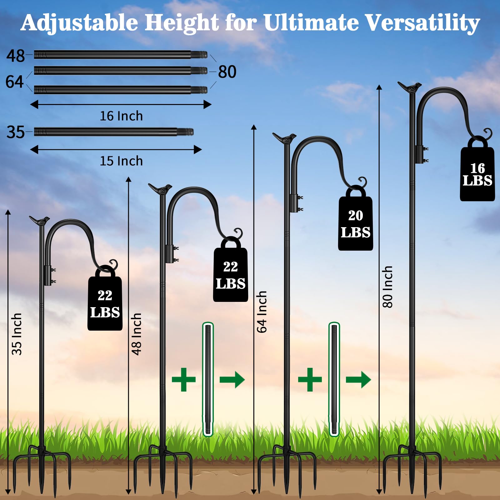 **80 Inch Heavy Duty Adjustable Shepherd Hooks (2 Pack) - Sturdy Outdoor Hooks for Bird Feeders, Hanging Plants, Solar Lights & Lanterns - Perfect for Garden, Patio & Wedding Decor**
