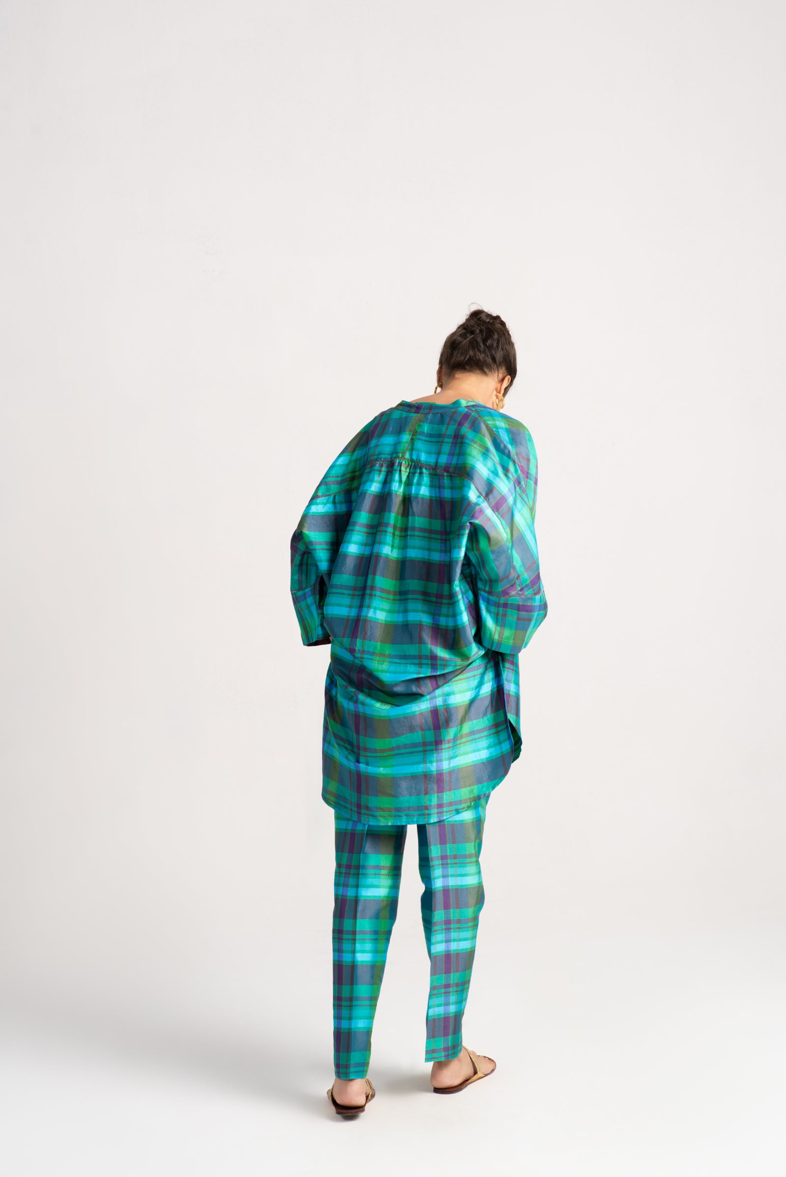 Chandrika Women's Silk Dupioni Checkered Aqua Trousers - Elegant & Comfortable for Office, Party & Special Occasions