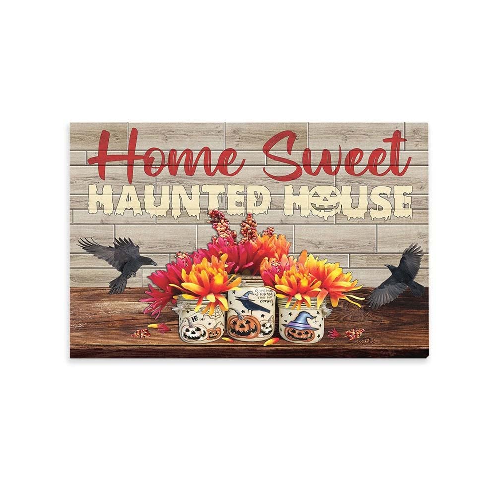Spooky Halloween Canvas Wall Art - Home Sweet Haunted House Decor - Stretched Ready to Hang Canvas Painting for Living Room, Bedroom & Party Decorations