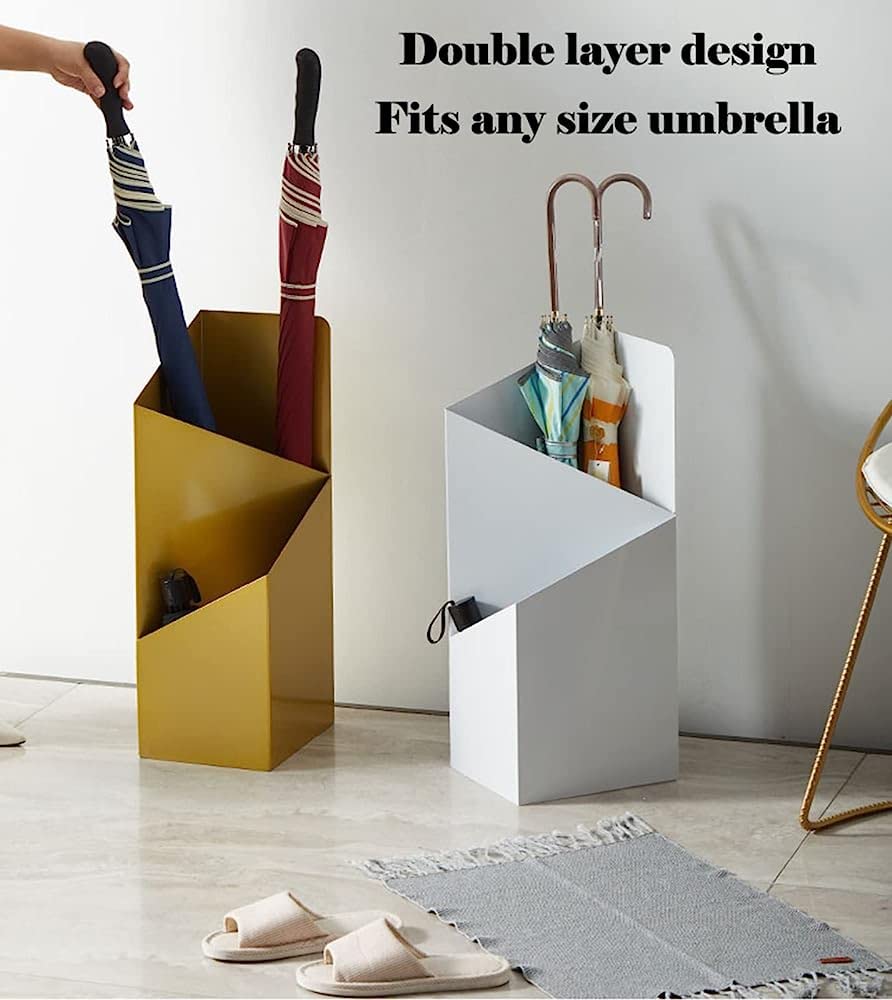 Modern White Umbrella Stand with Drip Tray - Double Layer Umbrella Holder for Hallway, Office, Porch & Door Entrances - Space Saving Home Organizer for Wet Umbrellas & Drip Protection