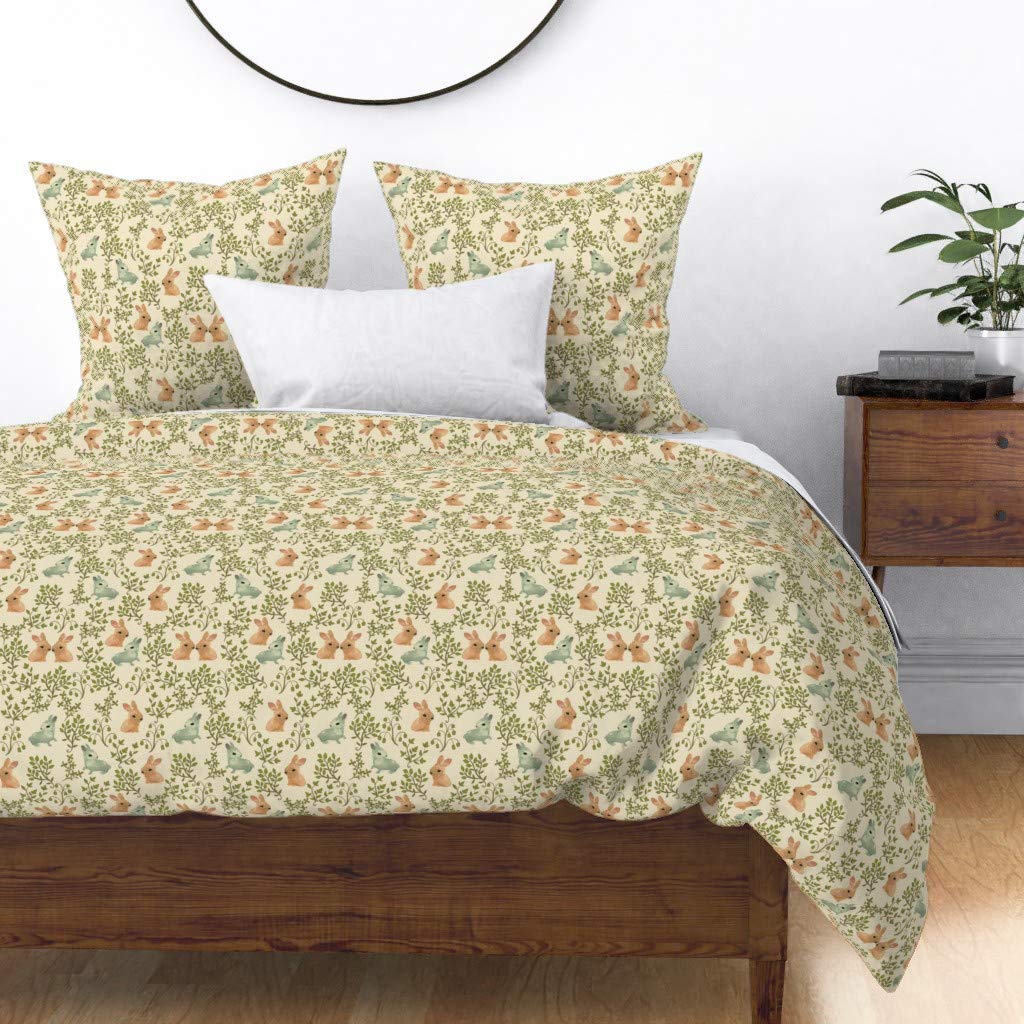 Premium Cotton Sateen Duvet Cover Full/Queen Size - Vintage Rabbit Meadow Print with Easter Bunnies, Floral Leaves & Sweet Book-Inspired Design | Soft Custom Bedding for Kids Room, Nursery Decor & Cozy Home