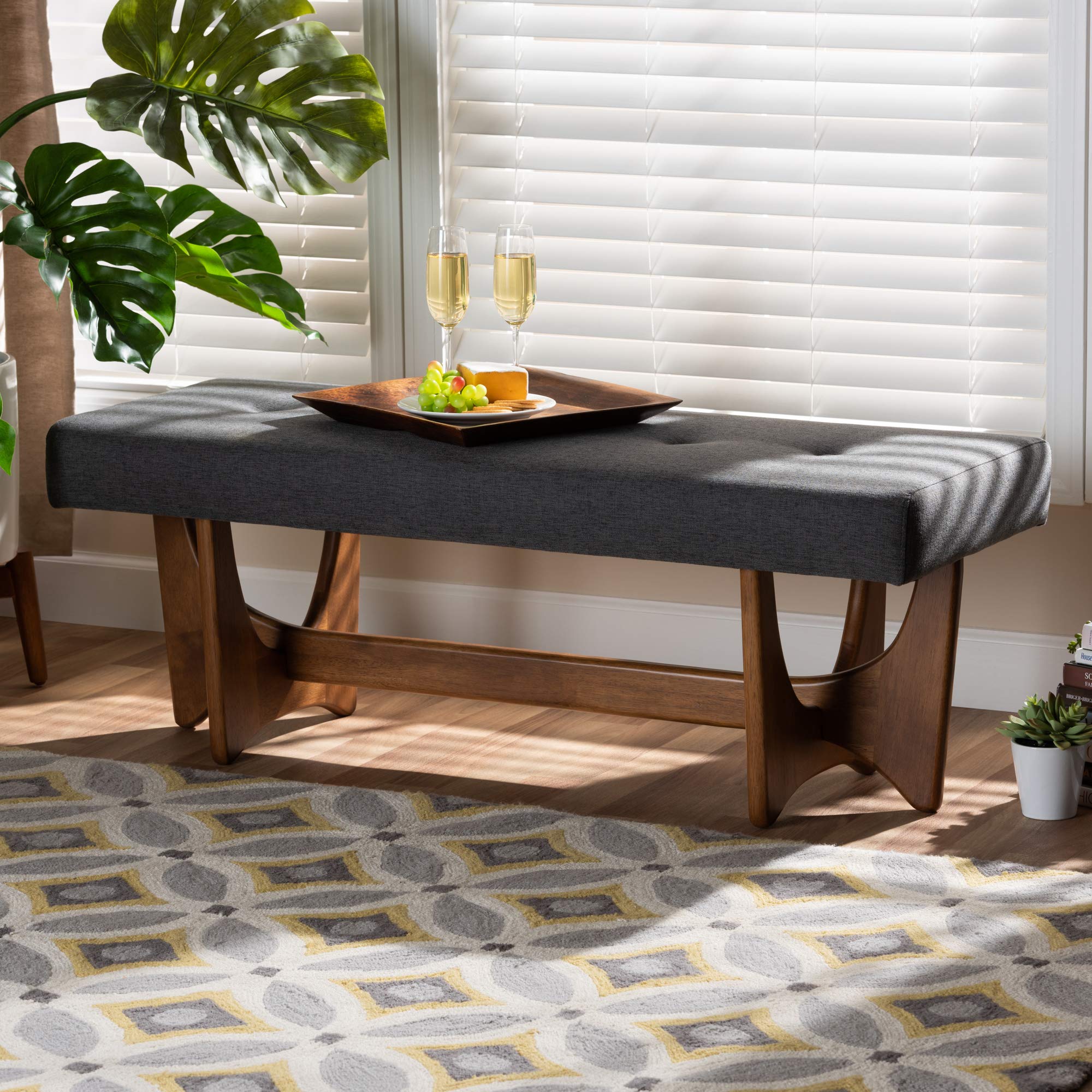Baxton Studio Modern Wooden Bench with Dark Grey Upholstery & Walnut Finish - Perfect for Entryway, Living Room, or Bedroom Seating