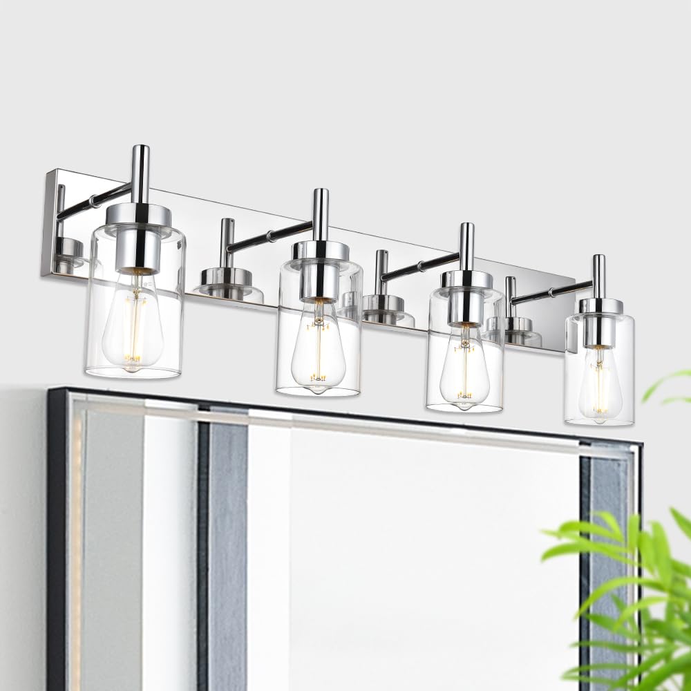 Modern Bathroom Lighting Fixture - 4-Light Vanity Light with Clear Glass Shade, Chrome Finish Industrial Wall Sconce for Bedroom & Hallway (Patent No. US D958,438 S) - Perfect for Contemporary Home Decor, Spa-Like Bathrooms and Elegant Entryways