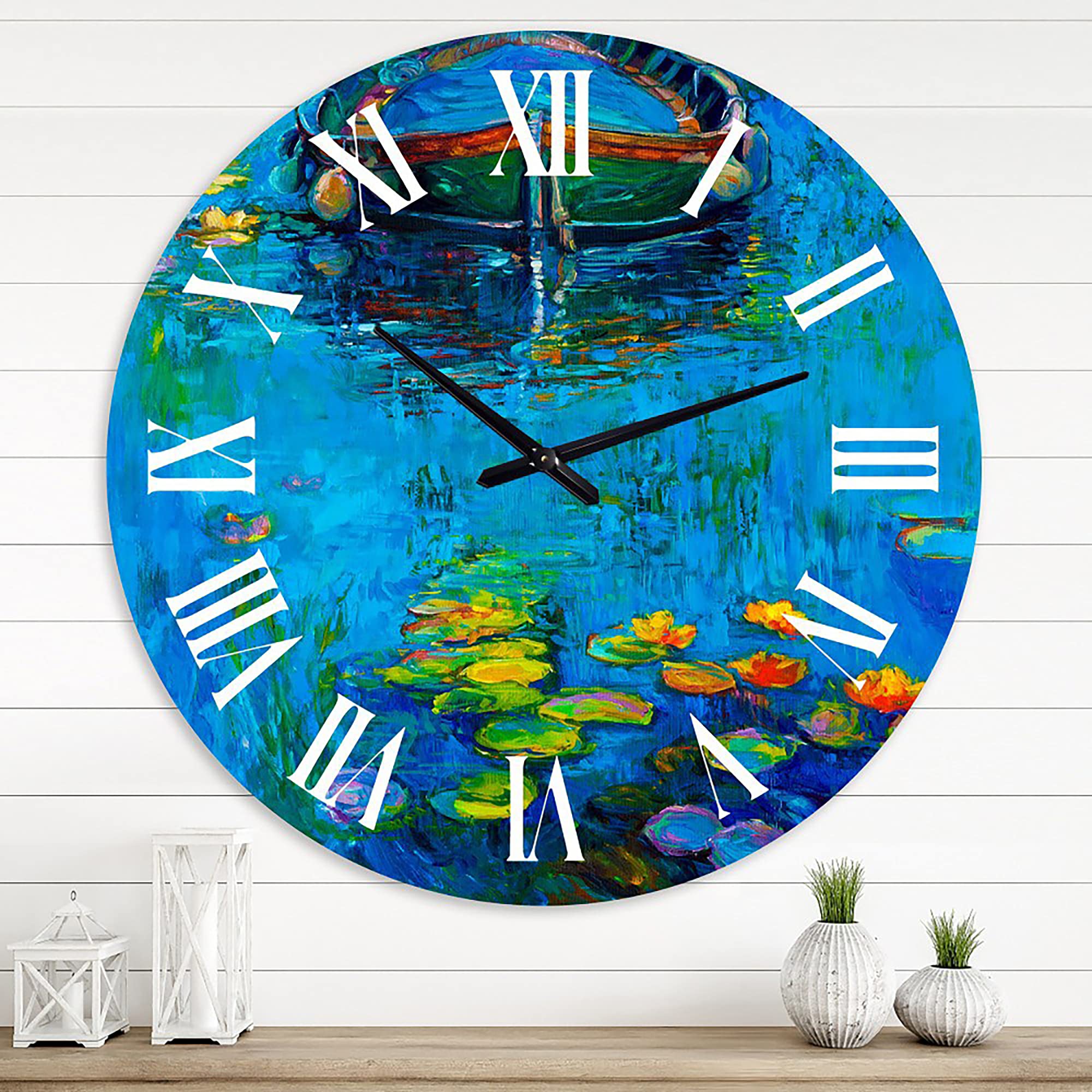 DesignQ Nautical Coastal Wall Clock - 12 Inch Round Boat in Lake Decor for Living Room, Bedroom & Office | Rustic Blue Wooden Clock with Silent Movement