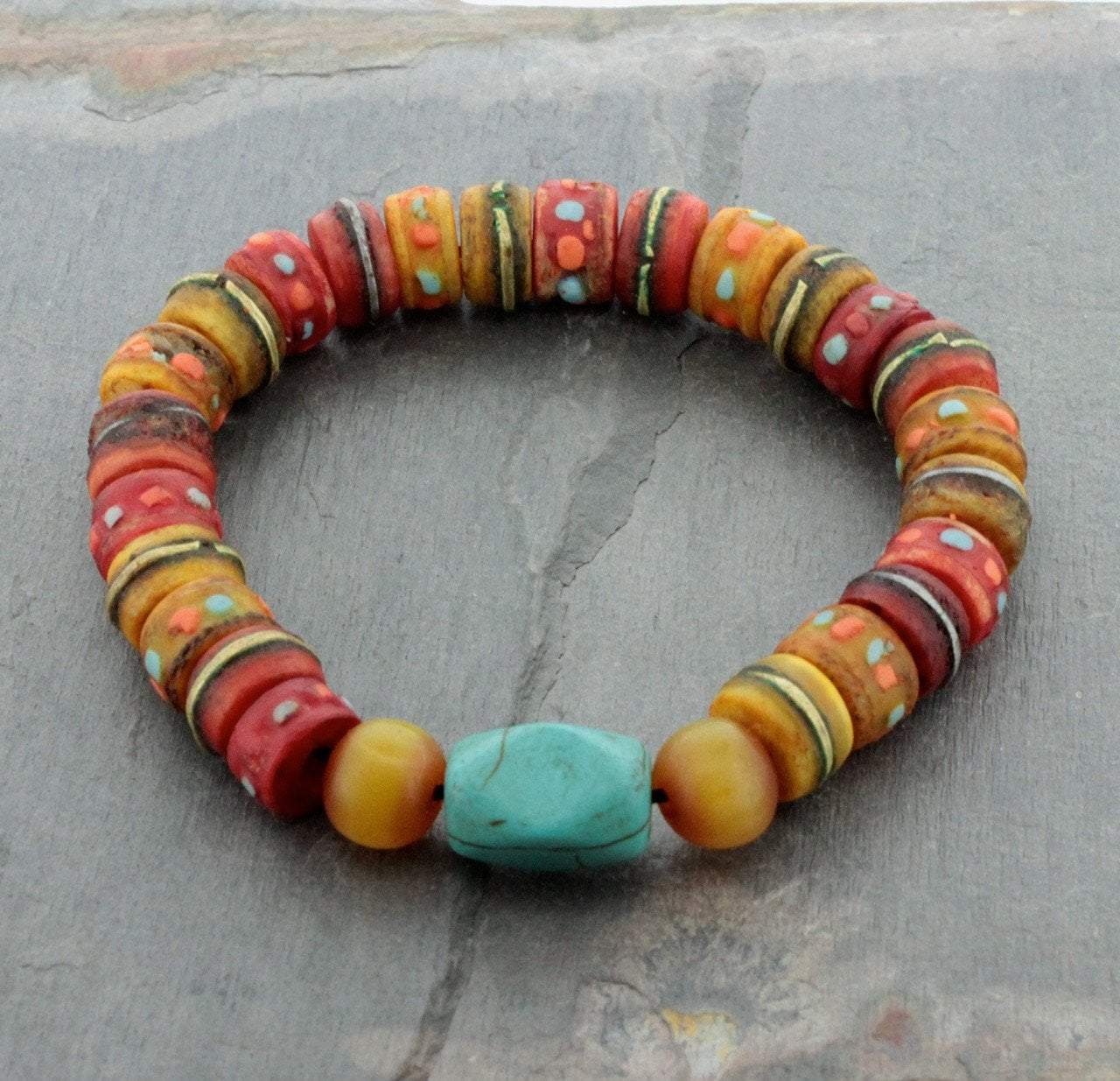 Handmade Amber Yak Bone & Turquoise Beaded Wrist Mala Bracelet – Buddhist Meditation, Yoga Accessory & Spiritual Jewelry for Mindfulness & Positive Energy