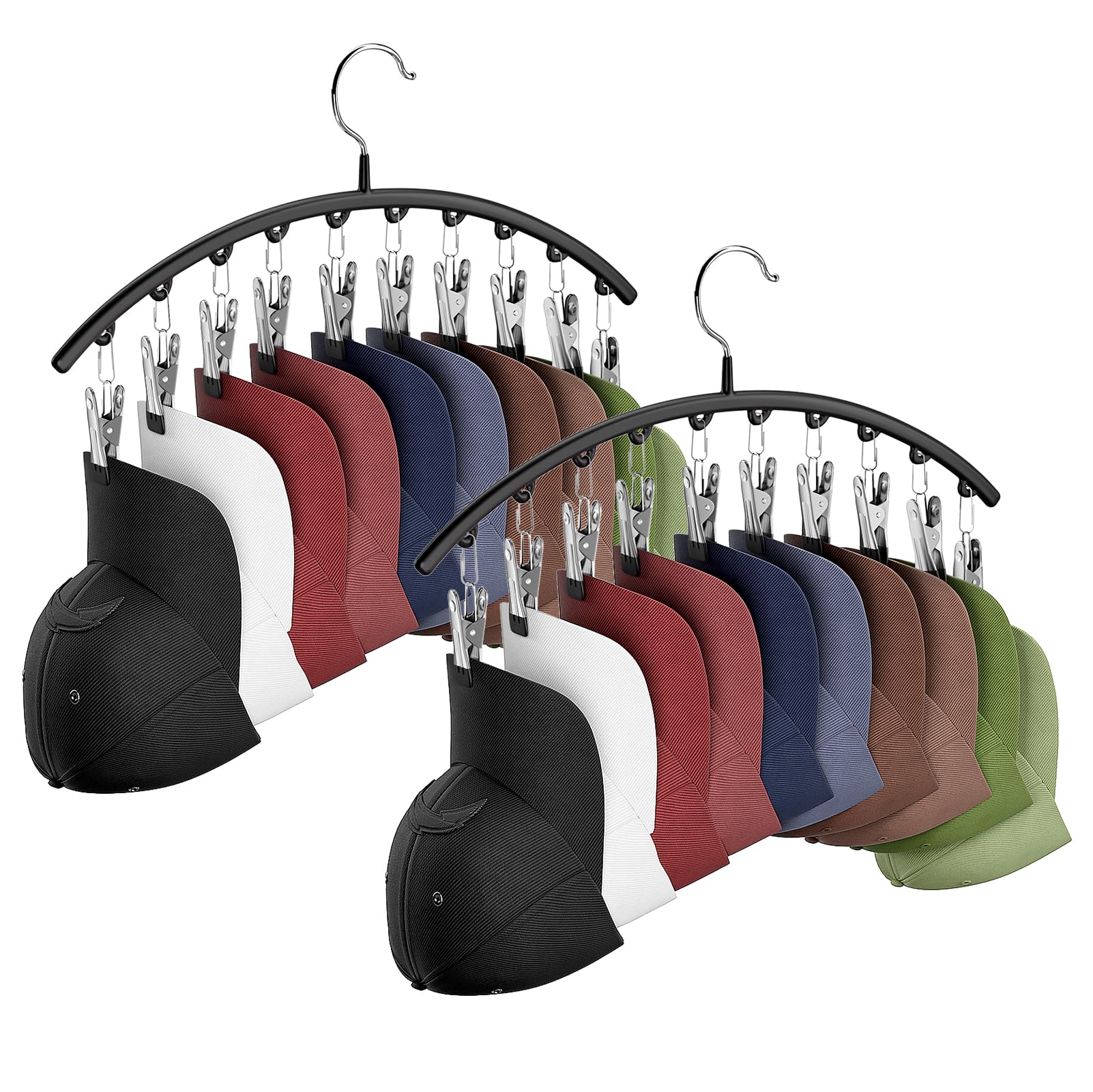 Metal Hat Hangers for Closet - 2 Pack Hat Organizer with 10 Clips for Baseball Caps & Accessories - Space Saving Hat Rack for Men & Women - Perfect for Closet Organization, Retail Display & Home Storage (Black)