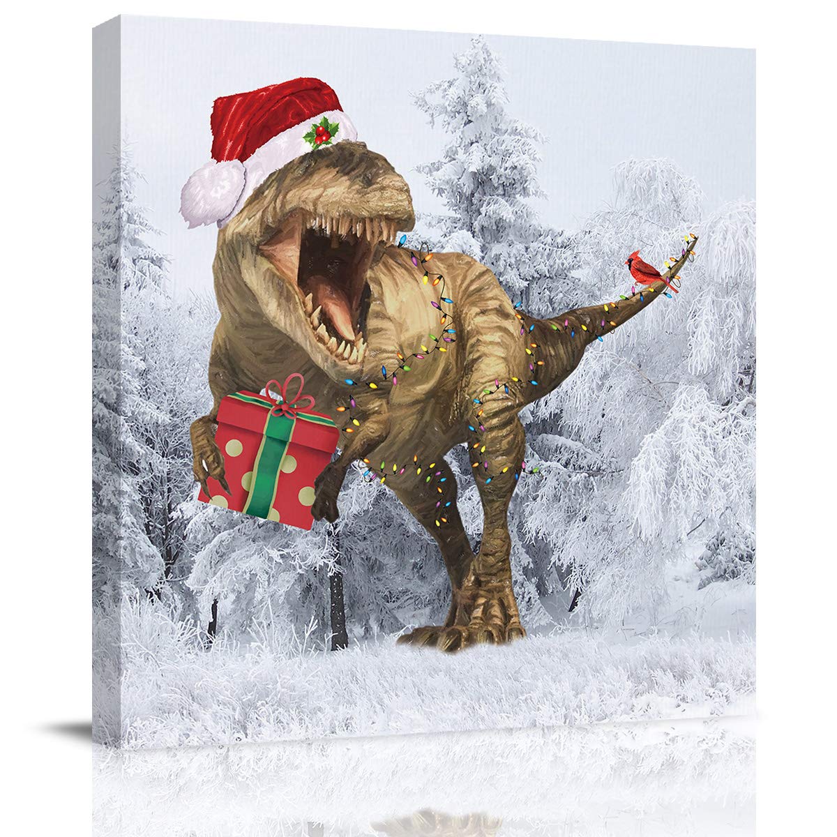 Dinosaur Canvas Wall Art - Framed Christmas Bathroom Decor Painting for Living Room, Kitchen, Office | Ready to Hang Home Decor | Perfect for Holiday Gifts & Room Aesthetics