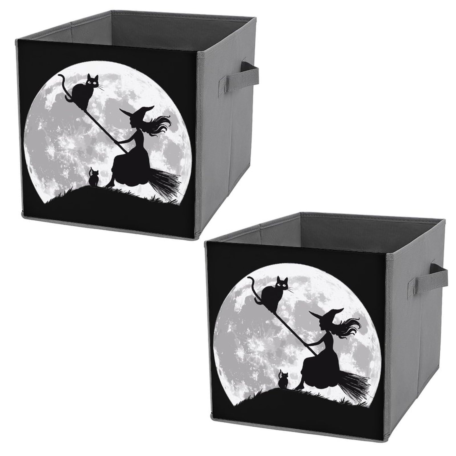 Flying Witch on Broomstick Halloween Storage Bins - 2-Pack Foldable Storage Cubes with Handles for Home Organization | Perfect for Closet, Bathroom & Toy Storage (Black Cat & Full Moon Design)