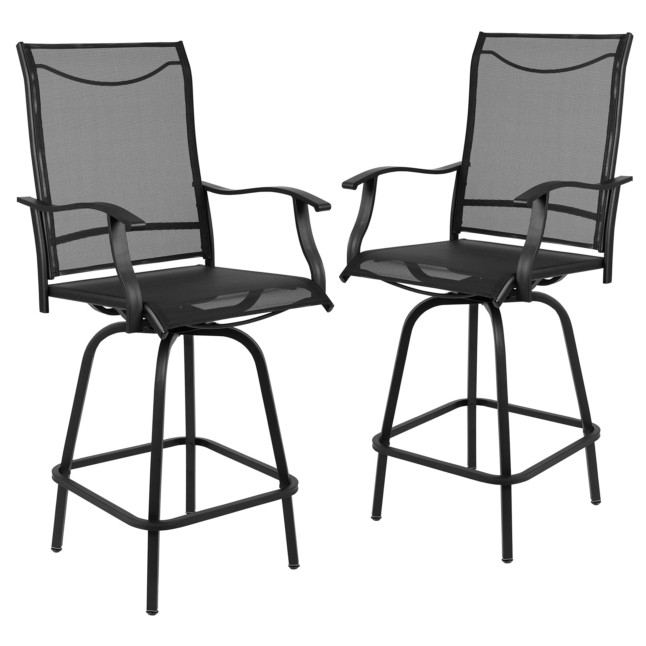 **Black All-Weather Textilene Swivel Bar Height Patio Stools Set of 2 – High Back & Armrests for Outdoor Deck, Garden, or Poolside Relaxation**