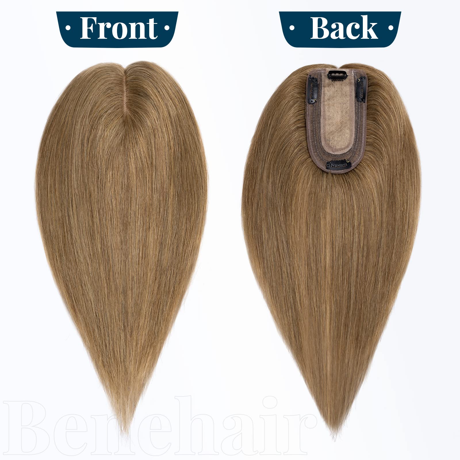Benehair Remy Human Hair Topper for Women - 16 Inch Light Brown (#06) Clip-In Silk Base Hairpiece - 38g Natural Looking Hair Replacement for Thinning Hair | Perfect for Daily Wear, Special Occasions & Styling
