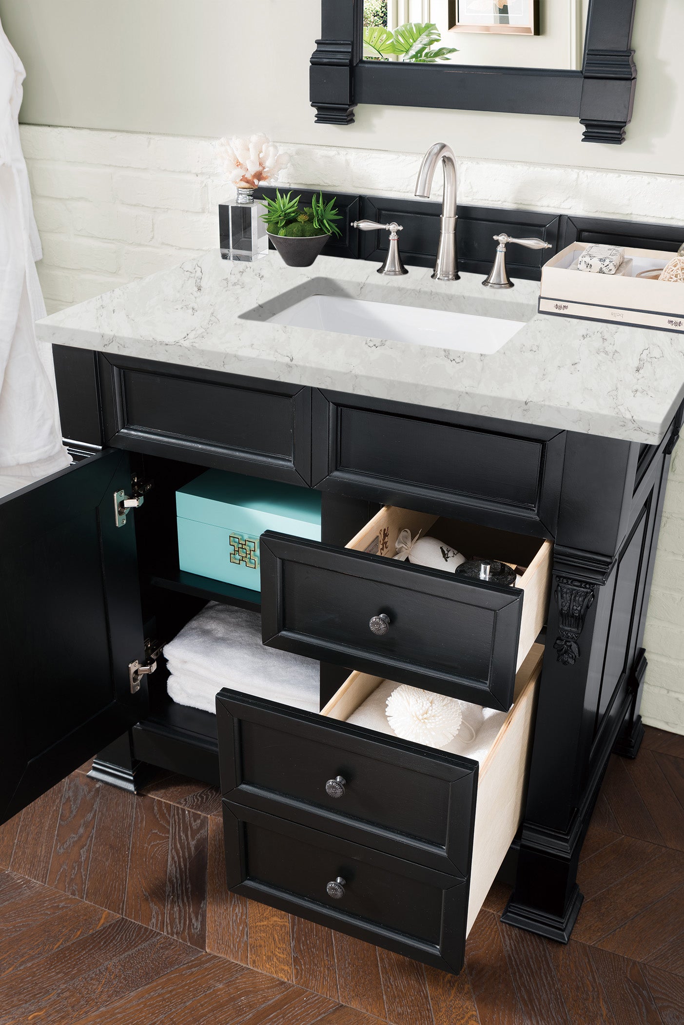 Brookfield 36 Inch Single Bathroom Vanity with Antique Black Finish & 3CM Eternal Jasmine Pearl Quartz Countertop - Perfect for Modern and Traditional Bathroom Designs