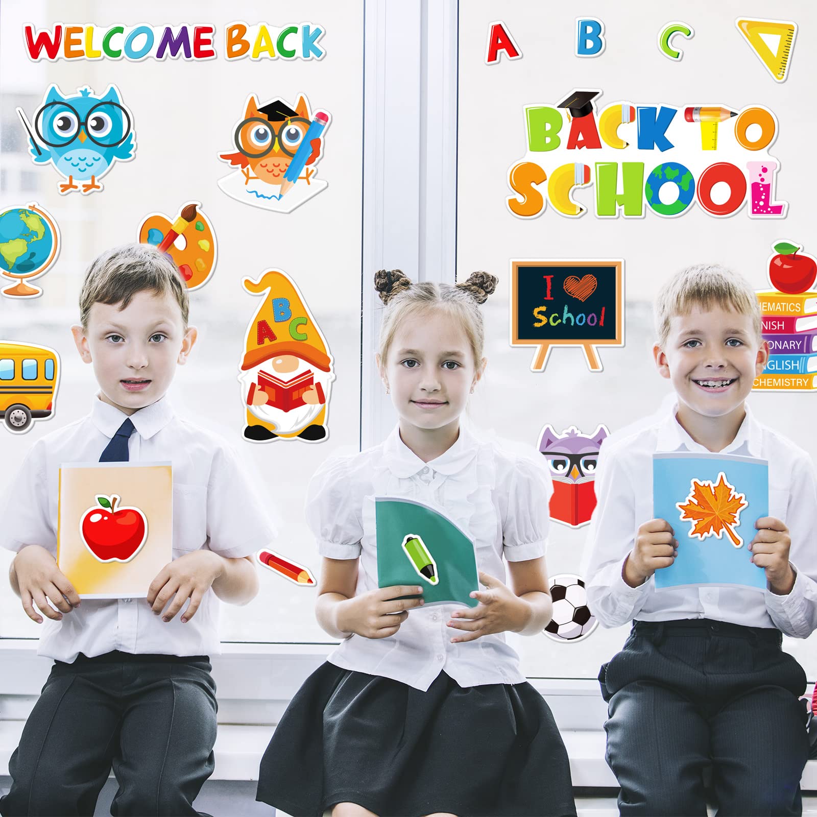 Whaline 40Pcs Back to School Gel Window Clings - Cute Gnome, Owl & School Bus Stickers for Classroom Decor, Blackboard & Wall Decoration - Perfect for Welcome Back Party, Home & School Decorations