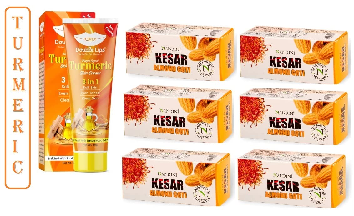 Nandini Kesar & Almond Goti Facial Soap (Pack of 6) and Turmeric 3-in-1 Skin Cream - 100% Natural, Suitable for All Skin Types - Daily Skincare Routine for Glowing Skin