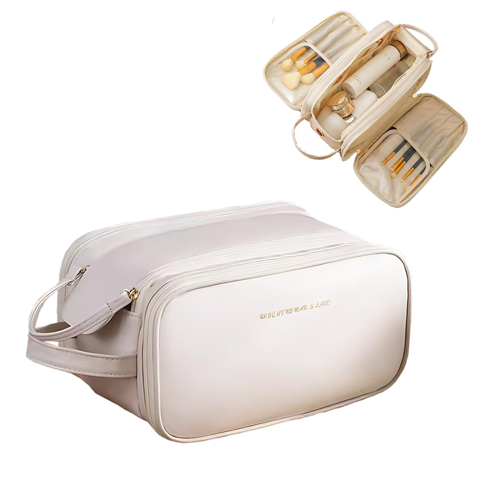 Large Capacity Waterproof PU Leather Travel Makeup Bag - Cosmetic Organizer with Multiple Compartments | Perfect for Vacation, Business Trips & Daily Beauty Essentials Storage (Beige)
