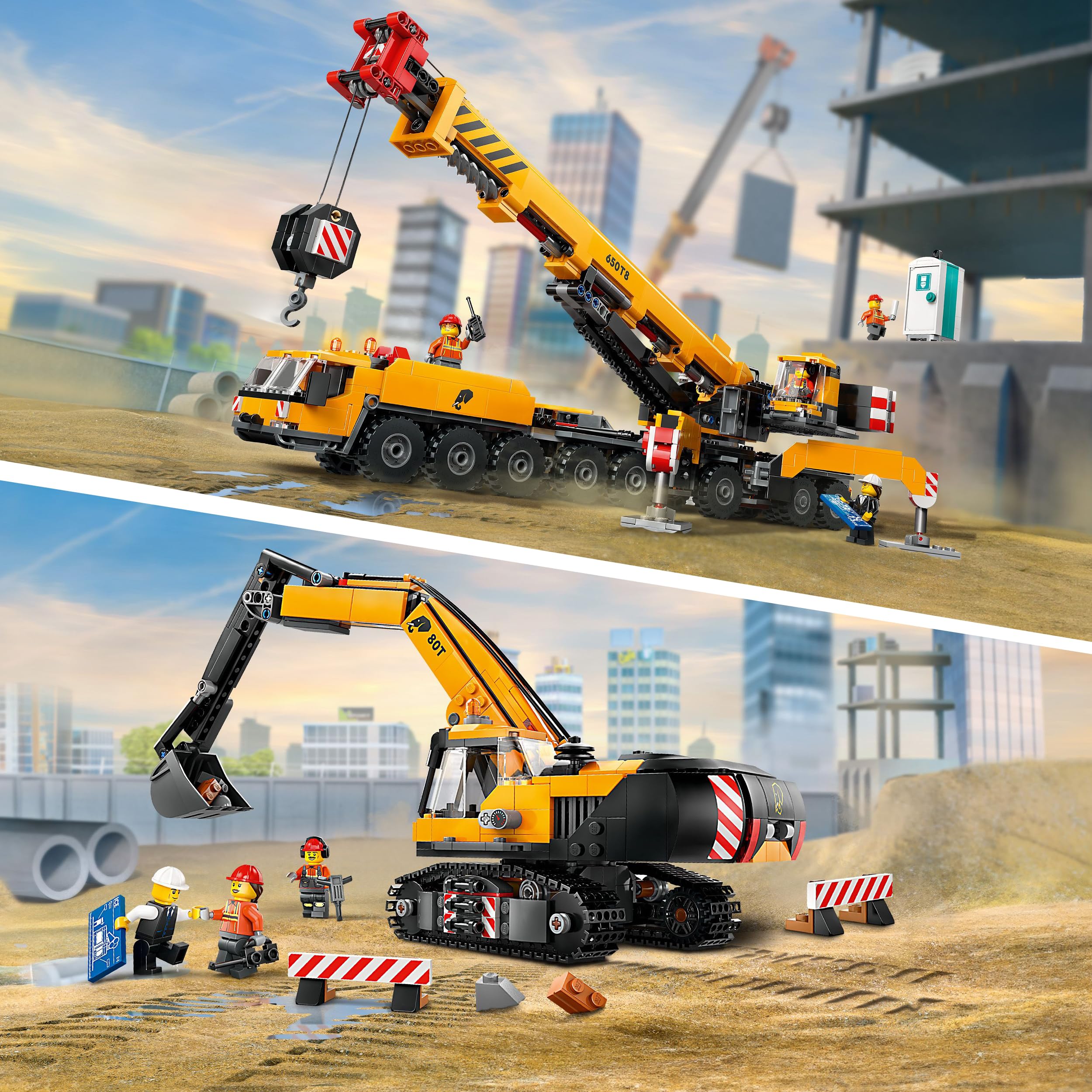 LEGO City Construction Crane & Excavator Set (60409 & 60420) - Mobile Crane & Tracked Digger Building Toy for Kids Ages 9+ - Creative Construction Playset for STEM Learning & Pretend Play