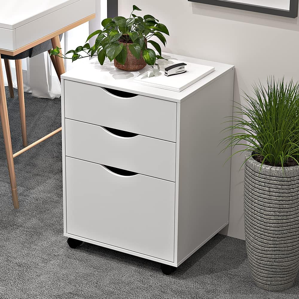 3-Drawer Wooden Storage Cabinet with Lockable Casters - Mobile File Organizer for Home Office, Mini Printer Stand - Compact White Office Furniture for Small Spaces & Workspaces
