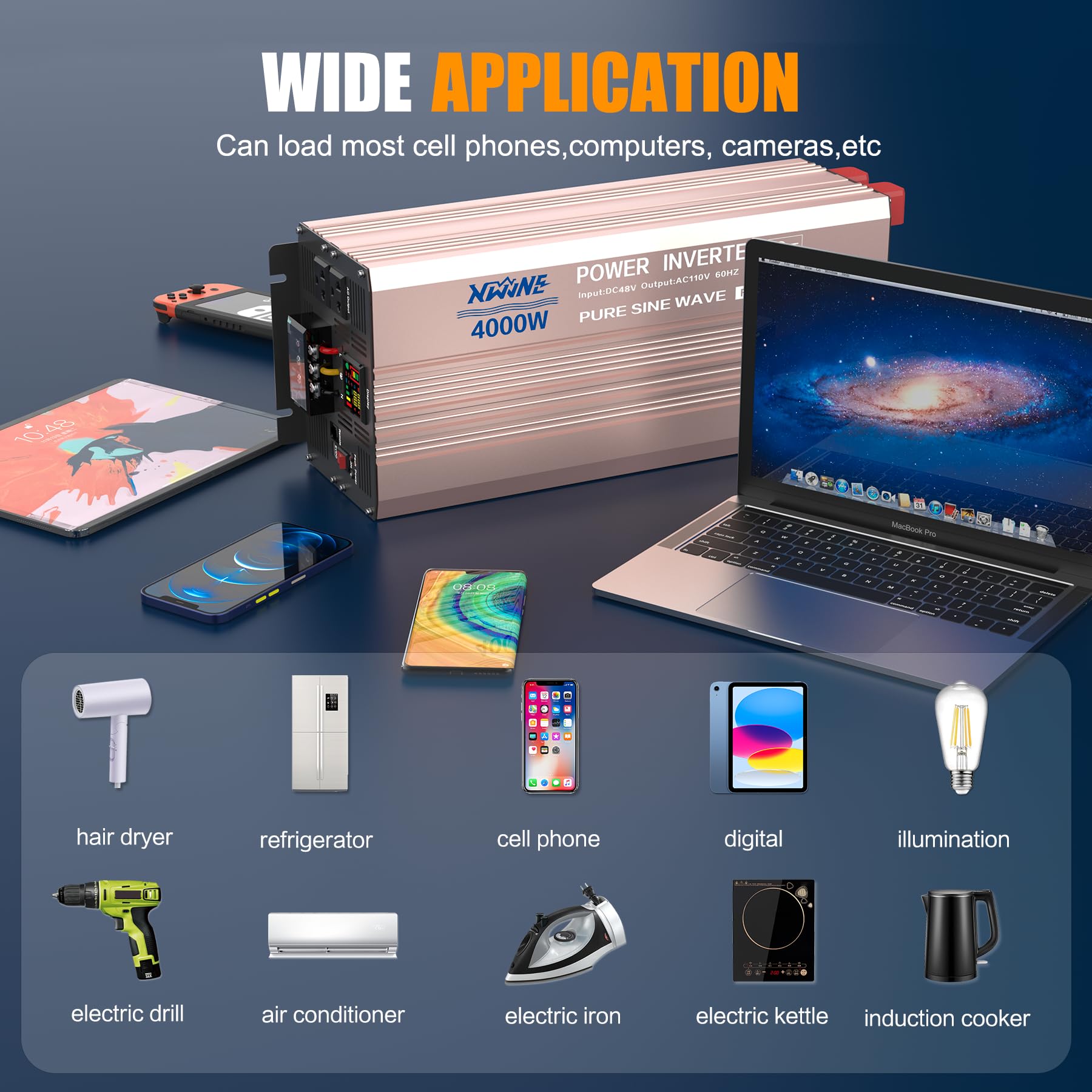 4000W Pure Sine Wave Power Inverter 48V DC to 120V AC with 8000W Peak, Remote Control, LED Display, 2 USB Ports & 3 AC Outlets - Perfect for RVs, Solar Systems, and Emergency Power Backup