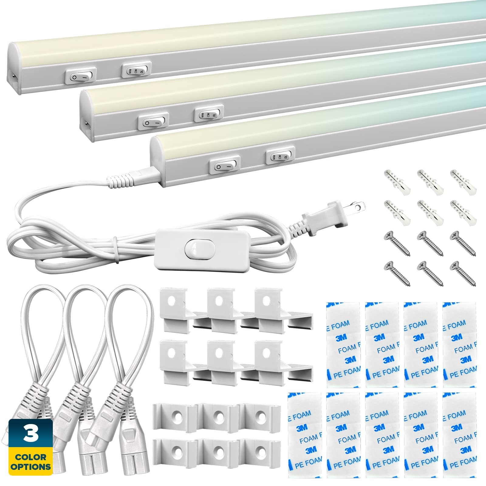 Sunperian 34 Inch LED Under Cabinet Lighting Kit - 3 Pack Plug-in Linkable Light Strips, 36W 3600 Lumens, 3 Color Temperatures (3000K/4000K/5000K), Peel & Stick or Bracket Mount, On/Off Switch, Damp Rated - Perfect for Kitchen Countertops, Pantry Shelves & Workshop Task Lighting