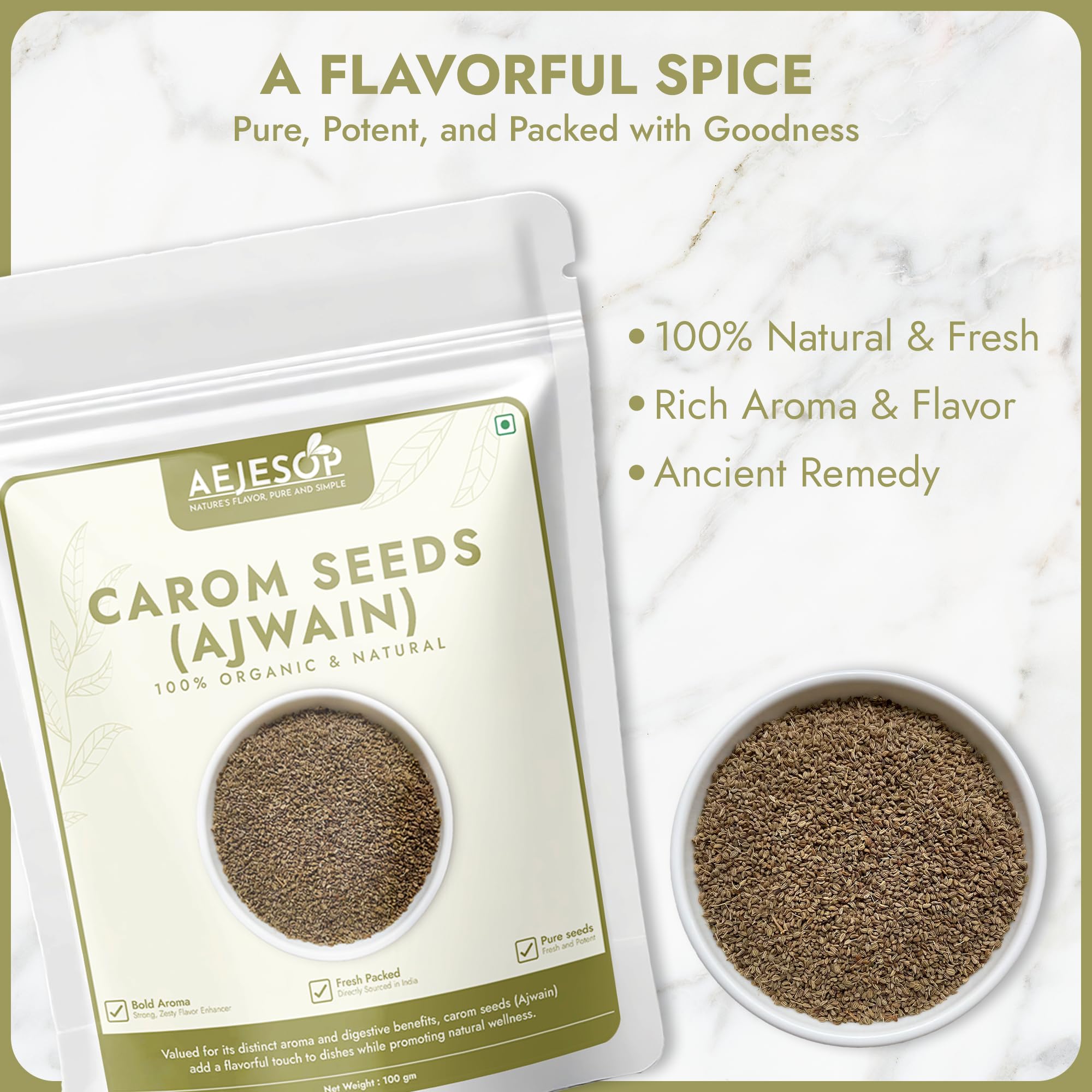 Organic Carom Seeds (Ajwain) Whole Spices - 3.5oz (100g) | Premium Ajowan for Cooking, Digestion & Ayurvedic Remedies | Perfect for Indian Cuisine, Breads & Herbal Teas