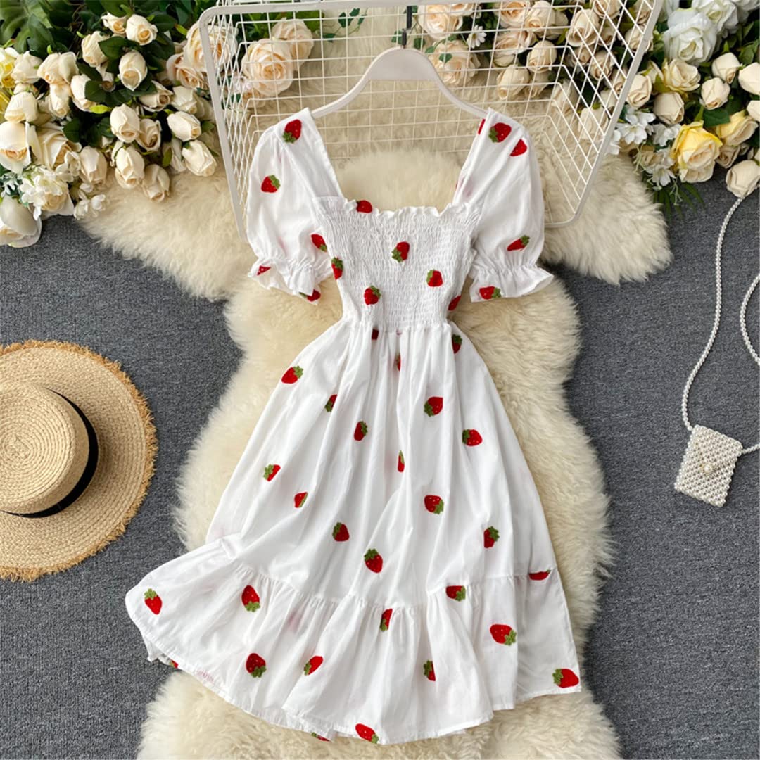 Vintage Strawberry Print Women's Dress - Kawaii Cherry Embroidered Puff Sleeve Square Neck Summer Dress in White | Perfect for Beach Vacations, Date Nights & Kawaii Fashion Outfits