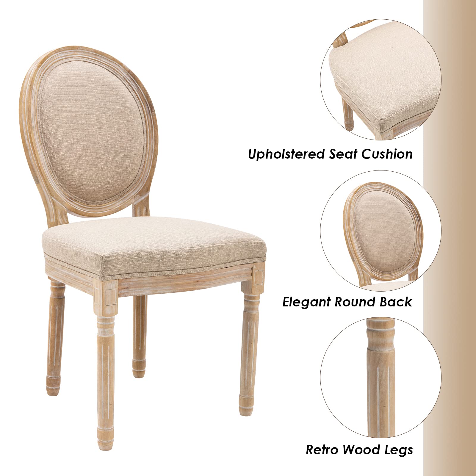 Guyou Upholstered 2-Piece Dining Chair Set in Distressed Driftwood - French Country Vintage Accent Chairs with Round Fabric Back - Perfect for Kitchen, Dining Room & Living Room (Beige)