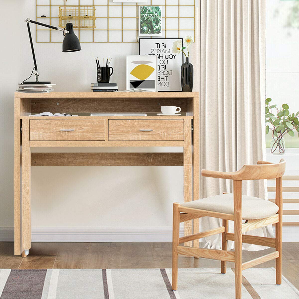 Walomes Adjustable Height Computer Desk with Wheels & Drawer - Extendable Writing Study Workstation for Home Office, Gaming, and Small Spaces