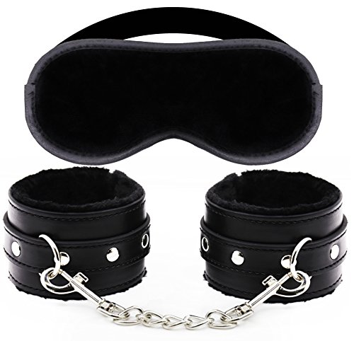 Luxury Soft Velvet Blindfold Eye Mask & Faux Fur Leather Handcuffs Set for Adults - Black - Perfect for Sensual Play, BDSM, Couples Games and Romantic Nights