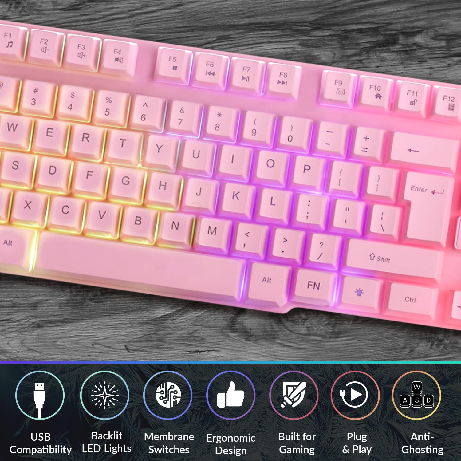 Orzly RX-250 Hornet Edition - RGB Backlit Wired Gaming Keyboard for PC, PS4, PS5, Xbox & Nintendo Switch | Mechanical Feel | Pink Rainbow Design | Perfect for Esports, Streaming & Night Gaming