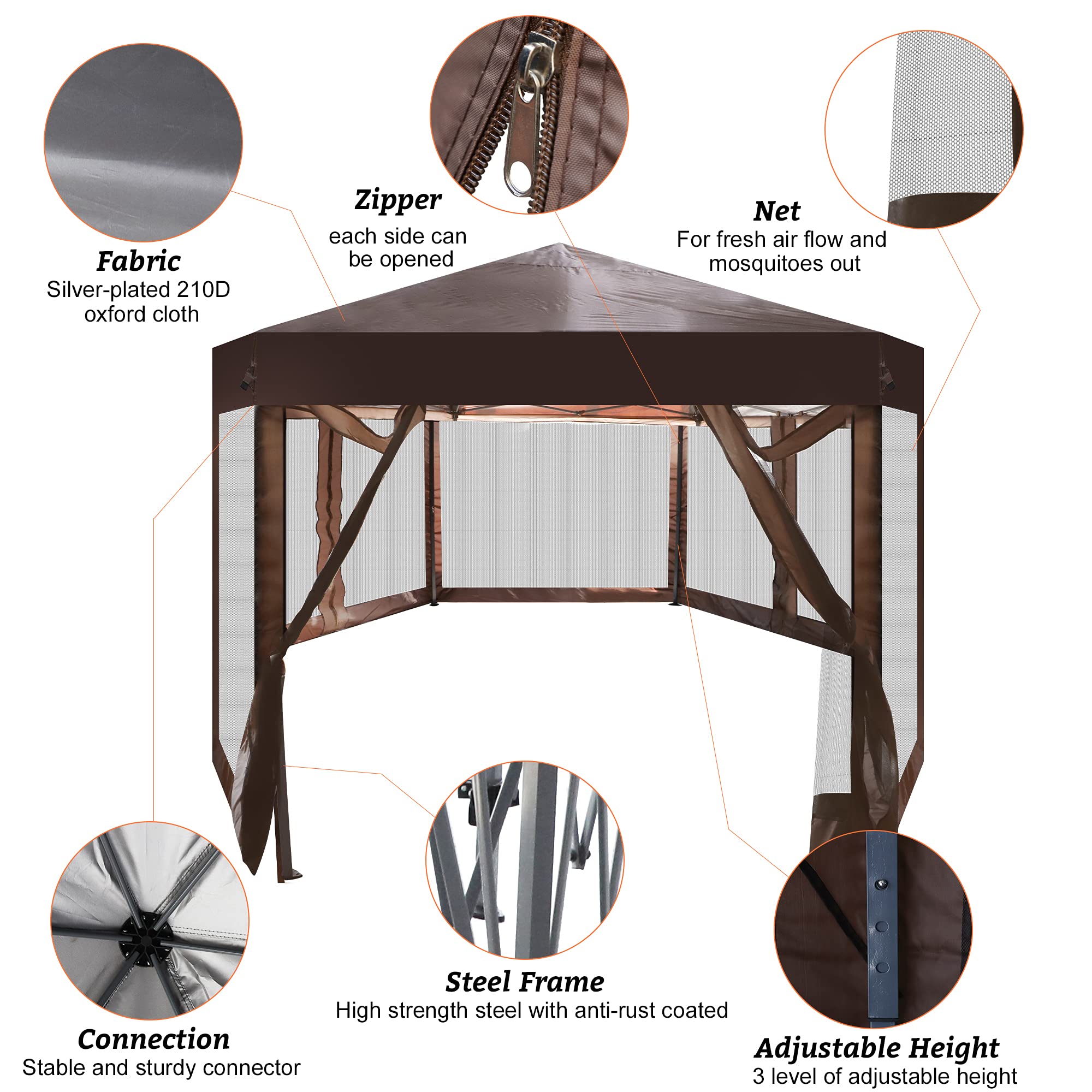 10' x 10' Pop Up Gazebo with Mosquito Net - Hexagonal Outdoor Canopy Tent for Backyard, Patio & Garden - Includes Storage Bag (Dark Brown) | Perfect for BBQs, Camping & Outdoor Gatherings