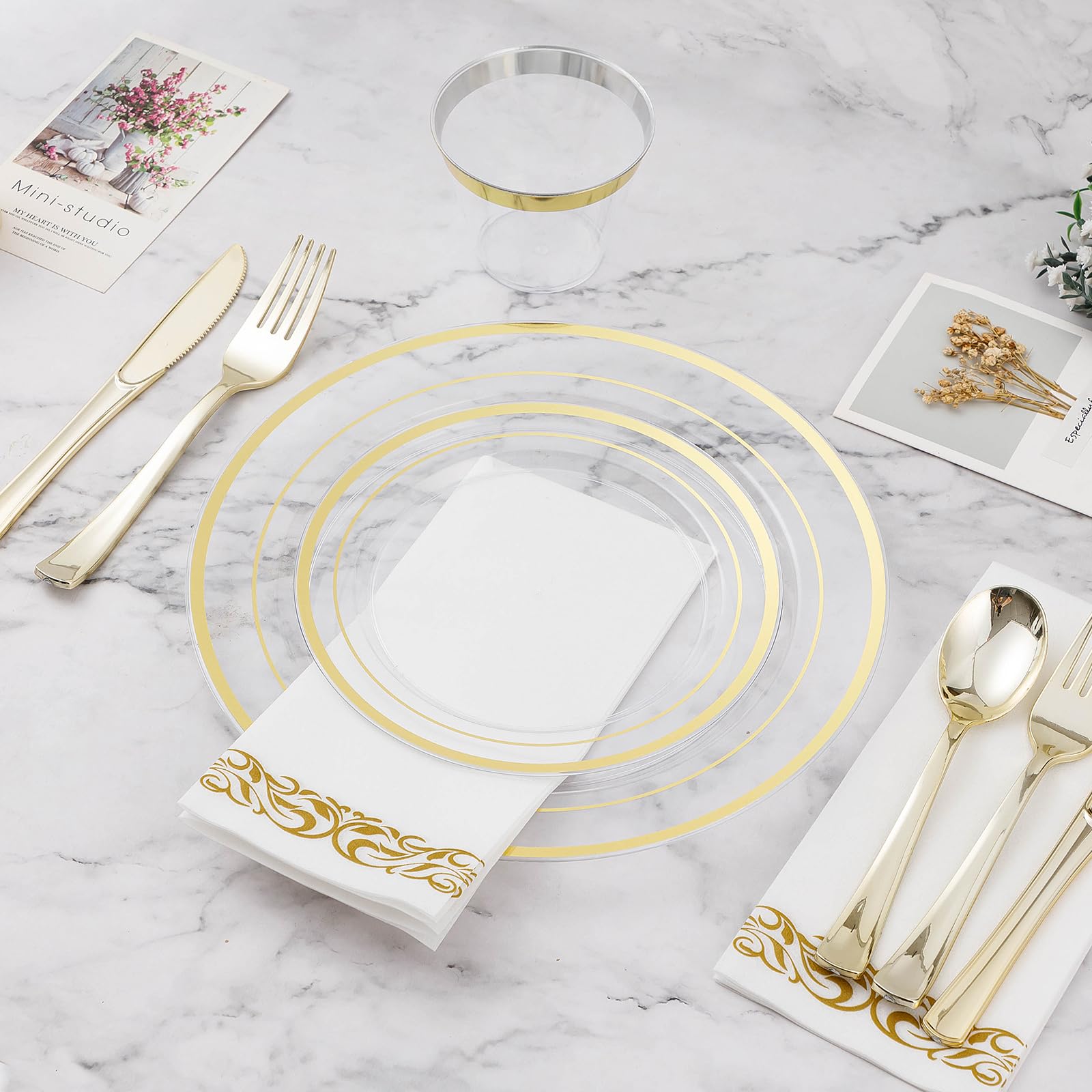 700-Piece Clear Gold Disposable Dinnerware Set for 100 Guests - Elegant Plastic Plates, Cups, Silverware & Napkins for Weddings, Parties & Events - Includes 200 Plates, 100 Gold Utensils, 100 Cups & 100 Napkins - Perfect for Birthday Celebrations, Bridal Showers & Catered Gatherings