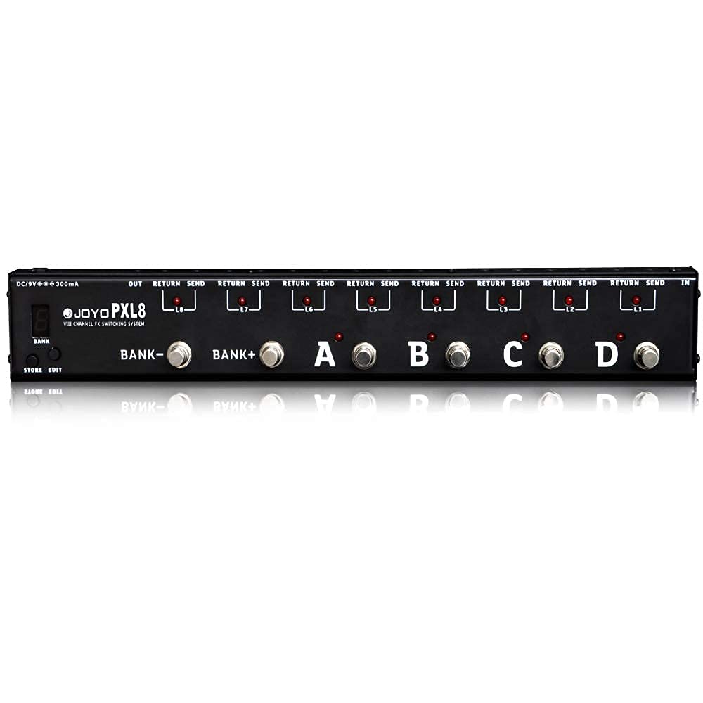 JOYO PXL8 8-Channel Programmable FX Loop Pedal Switcher with 9V DC Power Supply (800mA-1A) - Perfect for Guitar Effects Rack Setup & Live Performances