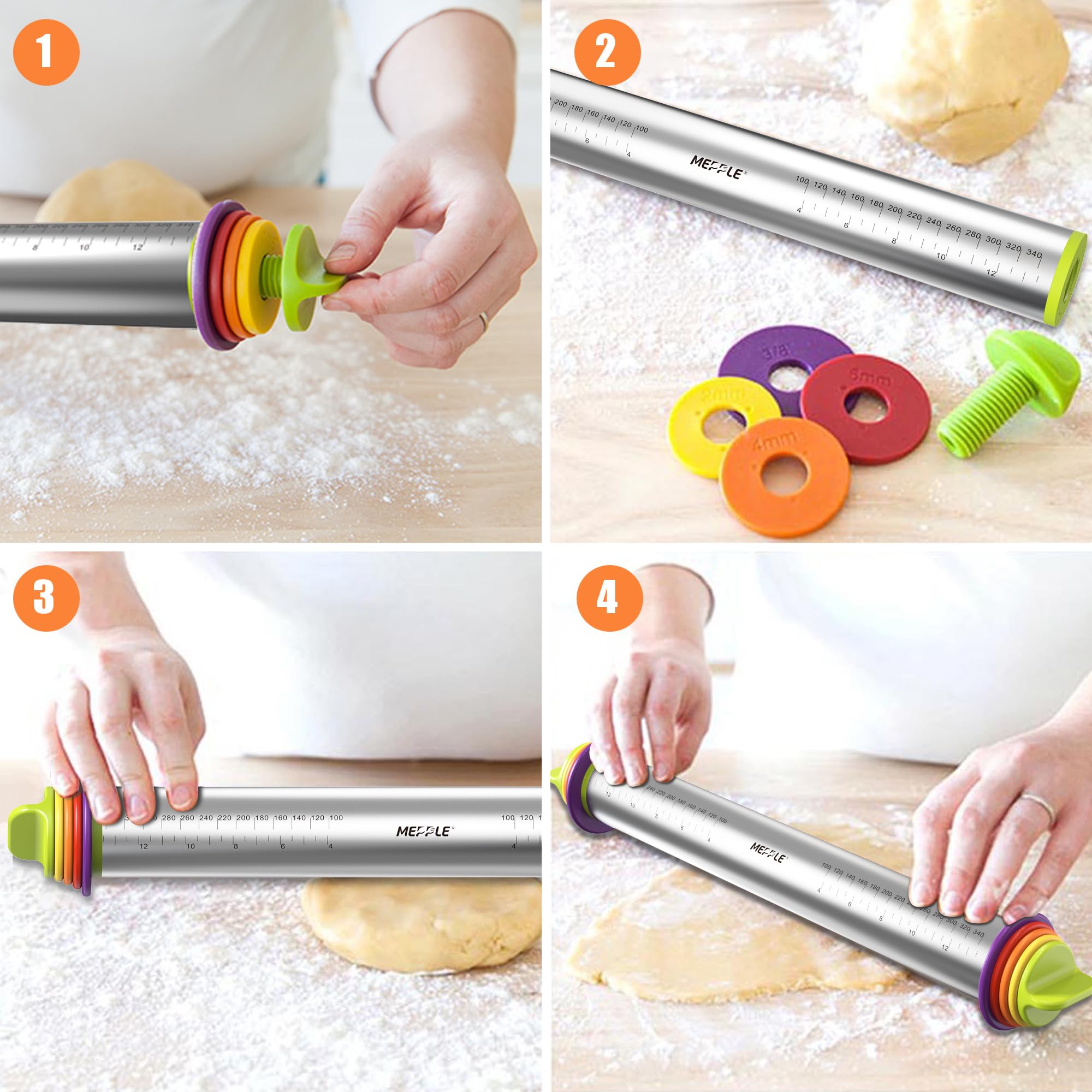 Premium Stainless Steel Rolling Pin with 4 Thickness Rings - Perfect for Fondant, Pizza Dough, Cookies, Pastry & Pie Crust - 13.6