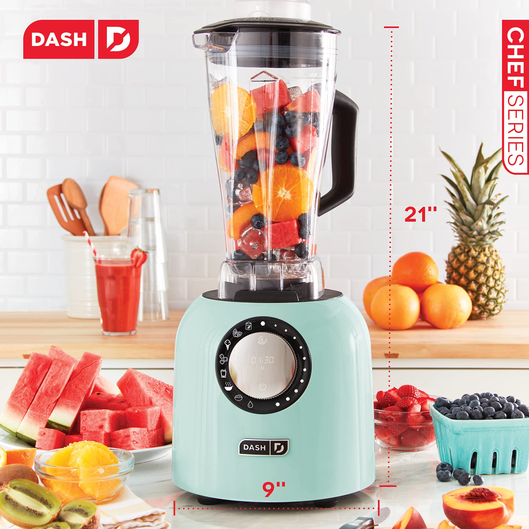 Dash Chef Series Deluxe Digital 64 oz Countertop Blender with Stainless Steel Blades & Tritan Jug - Perfect for Smoothies, Nut Butters, Soups & Purees - Includes Tablet Stand & USB Port - Ideal for Kitchens, Restaurants & Healthy Lifestyles - Aqua