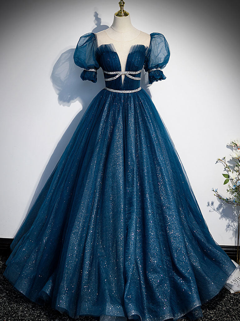 Elegant Blue Tulle Off-Shoulder Long Prom Dress for Women - Formal Evening Gown for Homecoming, Wedding, and Special Occasions
