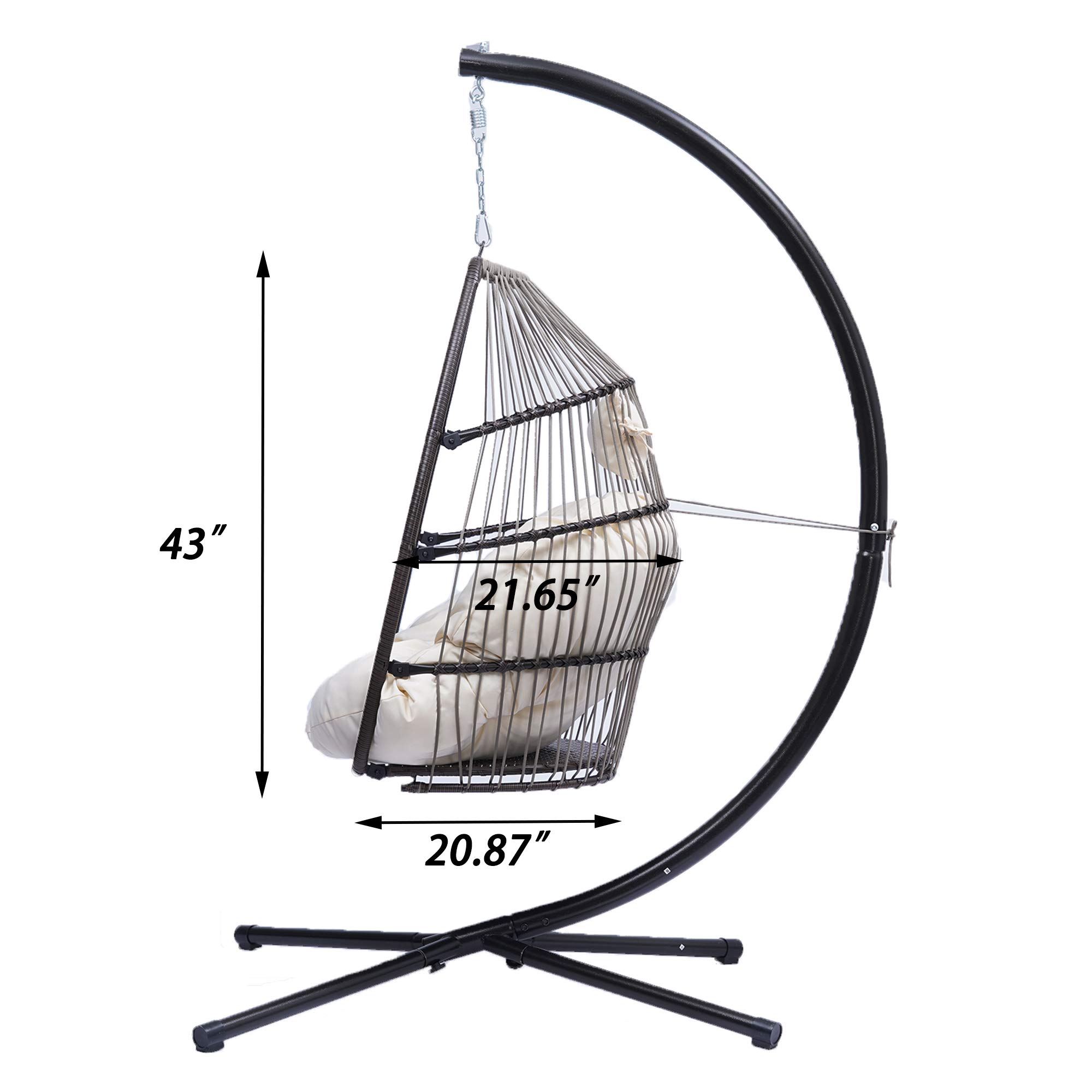 Rattan Hanging Egg Chair with Stand - X-Type Base & C-Type Bracket - Includes Cushion & Pillow - Perfect for Patio, Bedroom, Balcony, or Garden Relaxation (Beige)