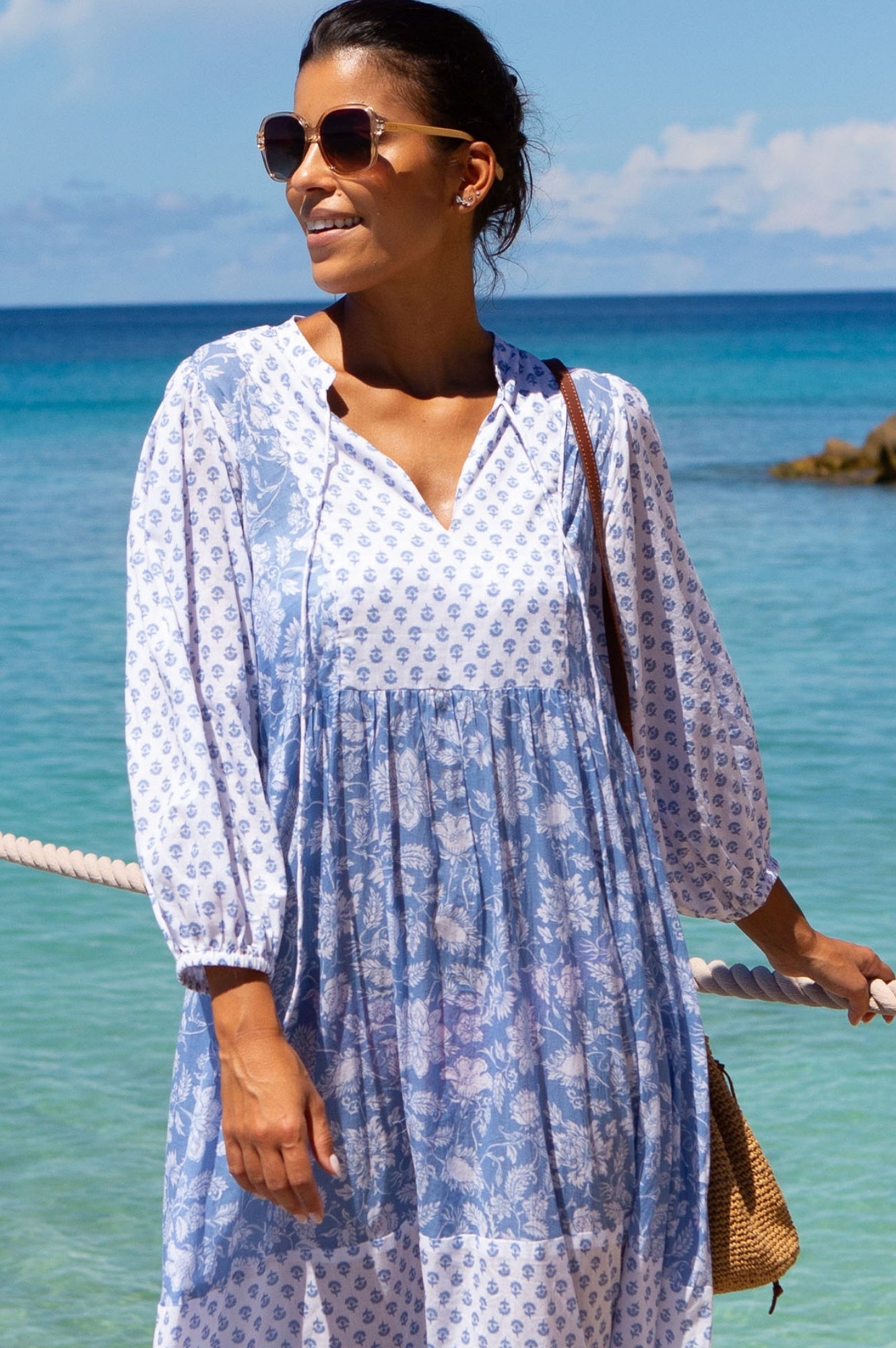 Martha Organic Cotton Floral Print Dress - Blue & White Blossom Design | Women's Casual Summer Dress for Beach, Picnic & Outdoor Activities