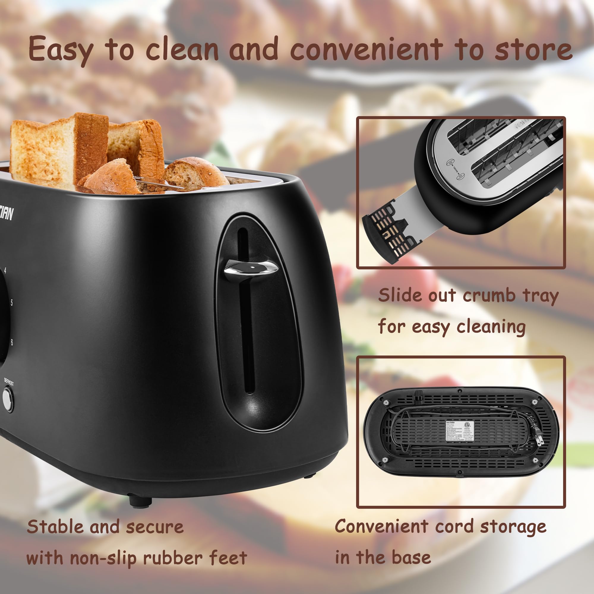 **KOTIAN 4-Slice Retro Toaster - Stainless Steel Long Slot Toaster with Countdown Timer, Bagel, Defrost & Reheat Functions - Extra Wide Slots, 6 Toast Settings, Removable Crumb Tray (Matte Black) - Perfect for Breakfast, Brunch & Small Kitchens**