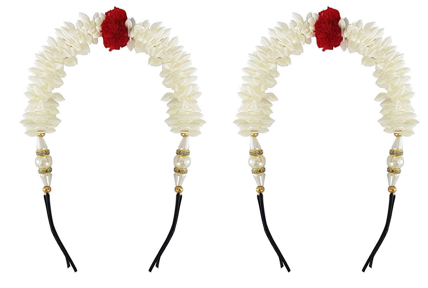 DEXO South Indian Hair Gajra with Attached Hair Pins - Traditional Bridal Hair Accessories for Women & Girls - White Floral Hair Jewelry Set of 2 (1 Pack) - Perfect for Weddings, Festivals & Special Occasions