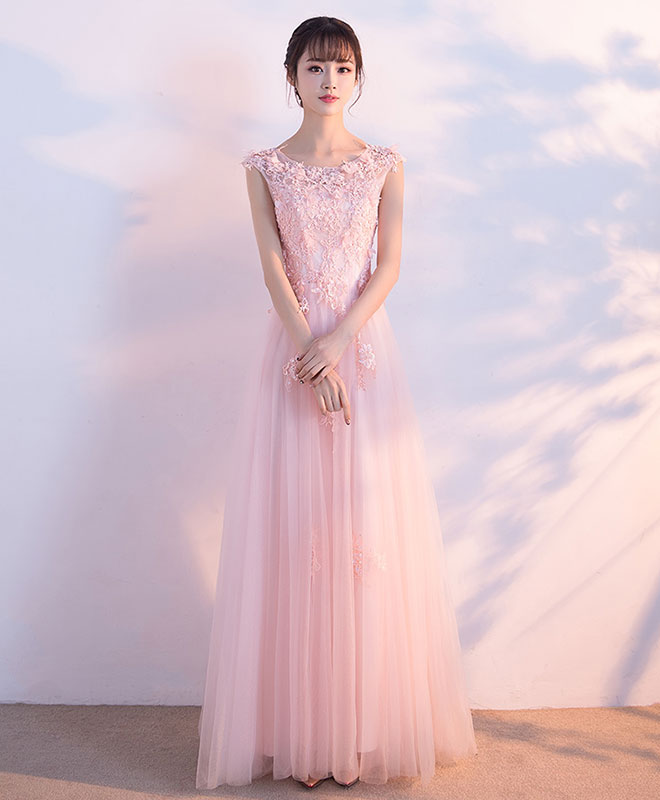 Elegant Pink Round Neck Tulle Lace Long Prom Dress for Women - Formal Evening Gown for Homecoming, Wedding, Ball & Special Occasions