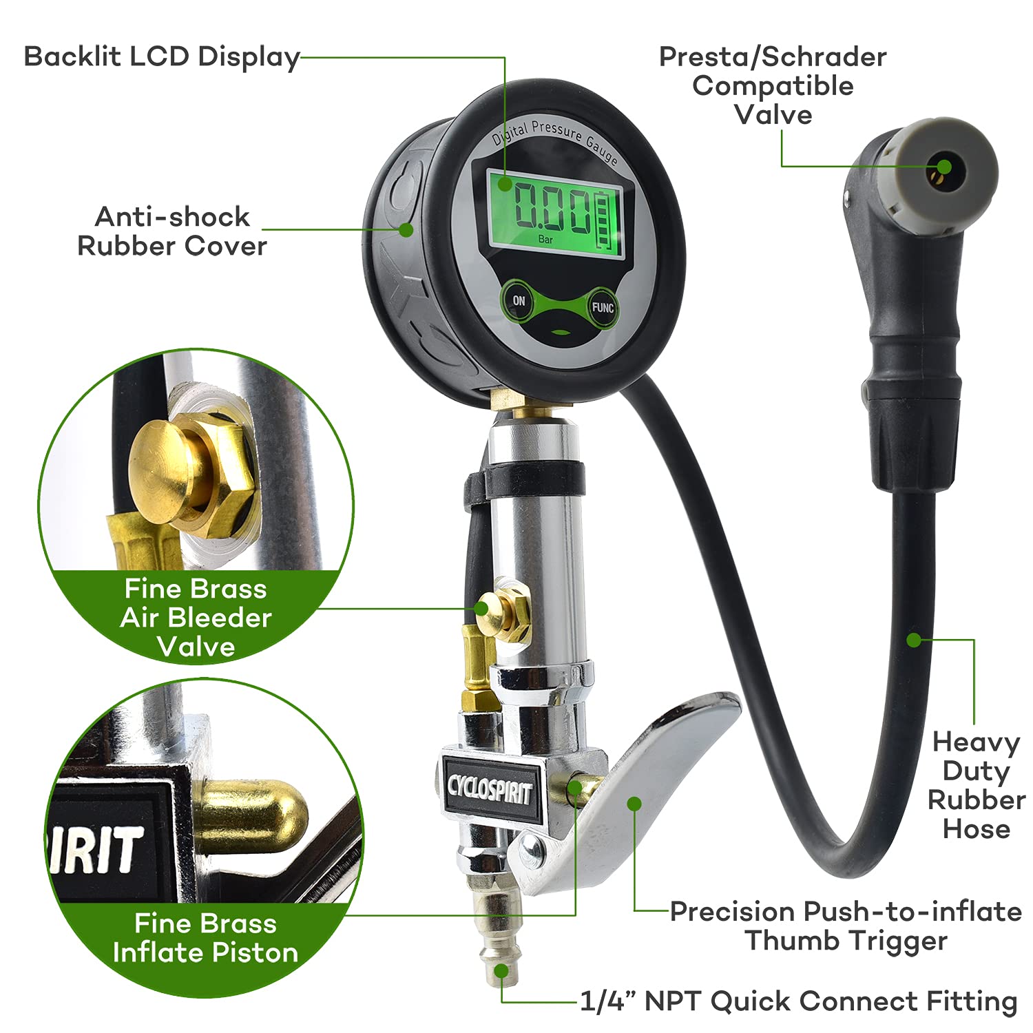 Digital Bicycle Tire Inflator Gauge with Auto-Select Valve - Presta & Schrader Compatible Air Pump for Road Bikes, Mountain Bikes & E-Bikes | Portable Bike Accessories for Cycling, Commuting & Outdoor Adventures