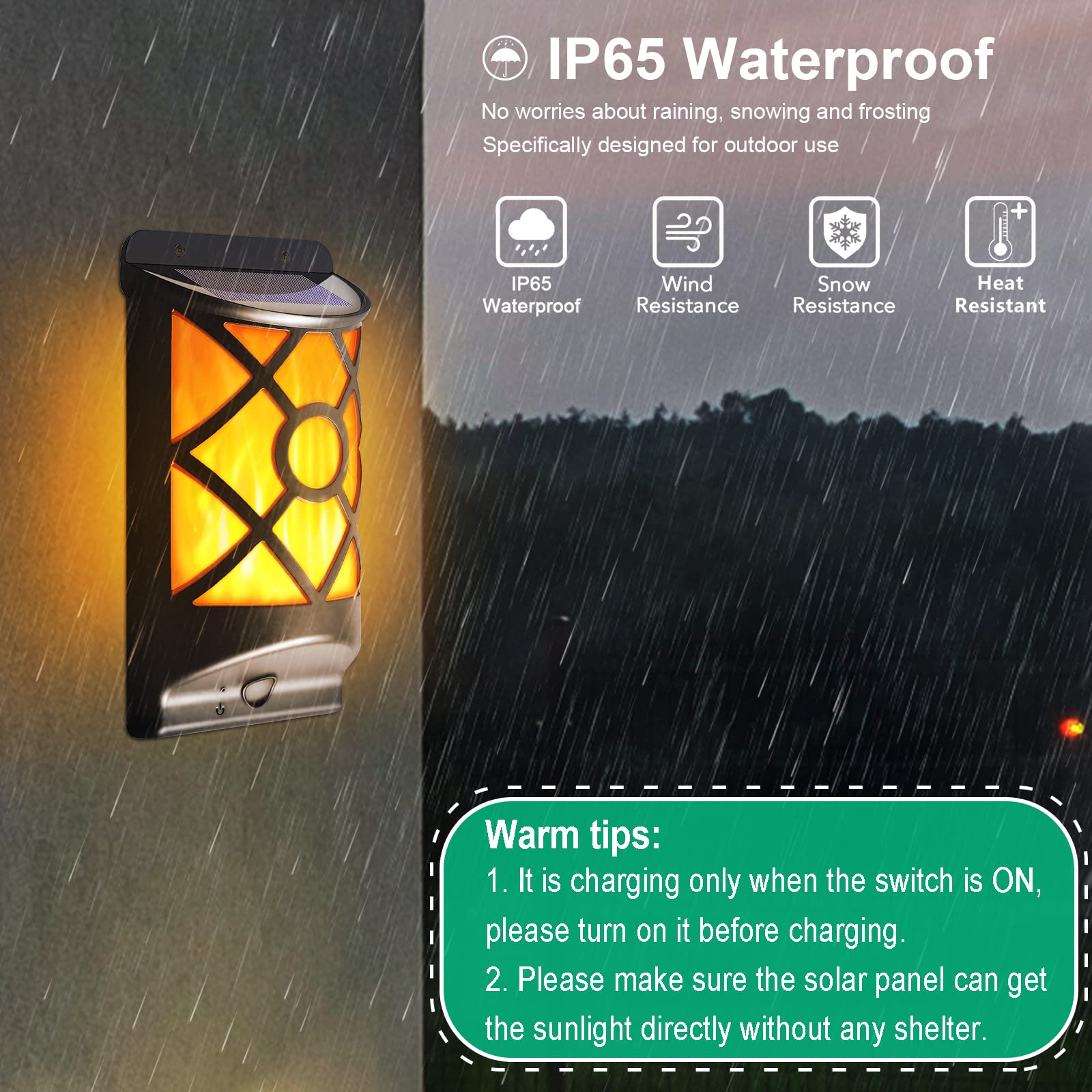 Solar Flame Lights Outdoor - 66 LED Flickering Fire Effect Solar Wall Light, Auto On/Off Waterproof Landscape Lighting for Fence, Patio, Deck, Garden - Perfect for Halloween, Christmas & Backyard Decor