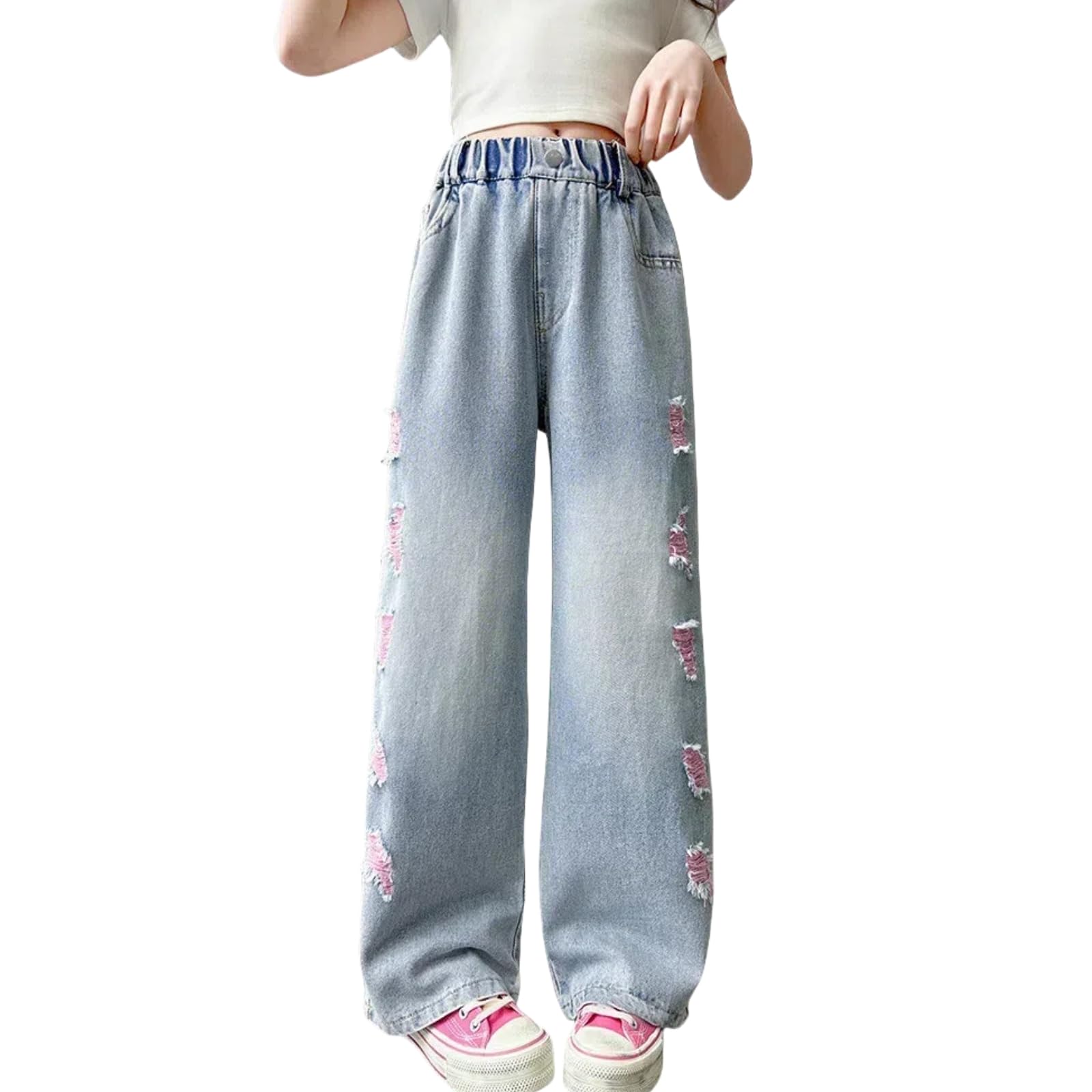 **NABER Girls' Stretch Elastic Waist Ripped Jeans - Distressed Washed Denim Wide Leg Pants for Kids Age 5-15 - Perfect for School, Playdates & Casual Outings**