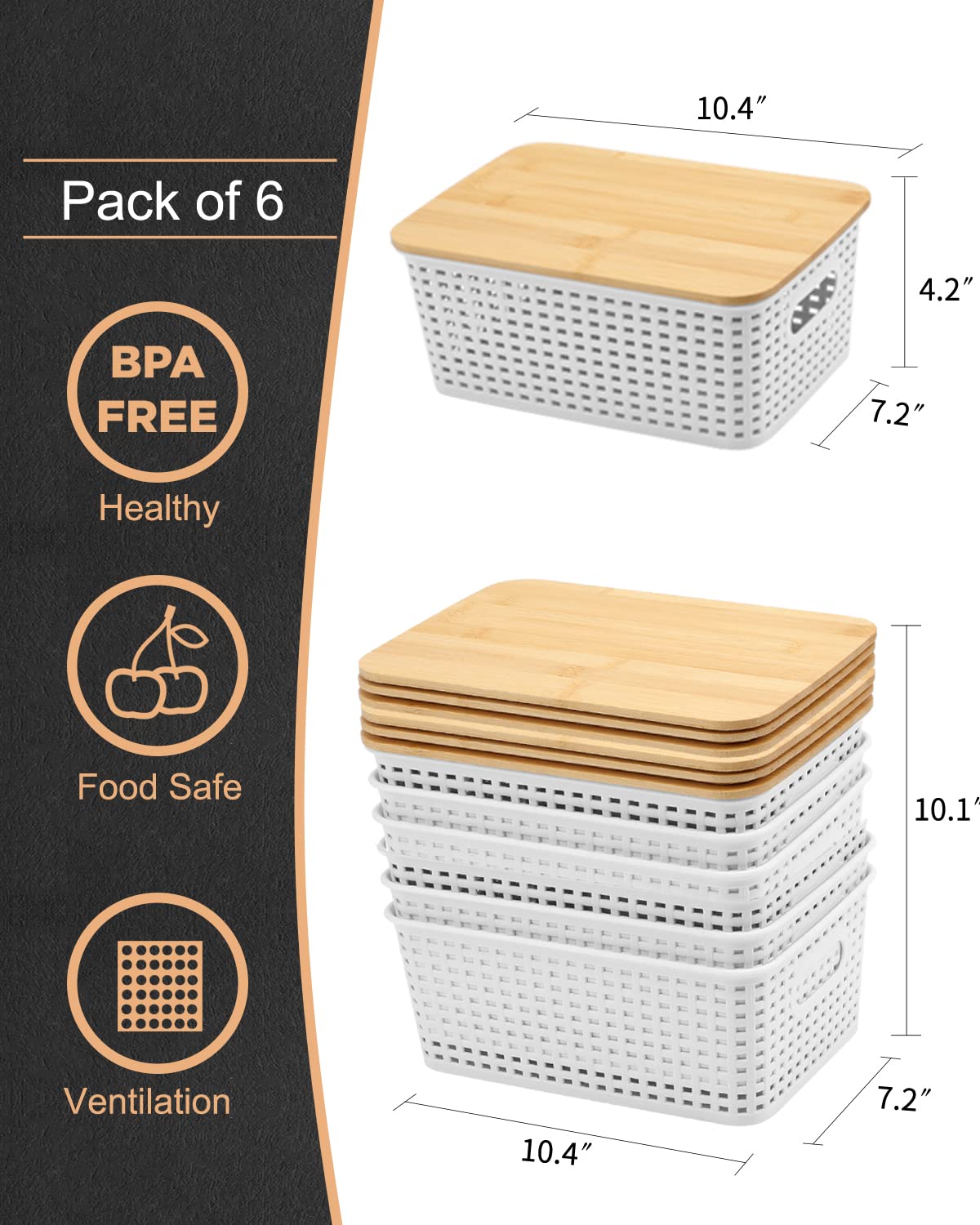 6-Pack White Storage Bins with Bamboo Lids - for Pantry, Shelves & Home Organization