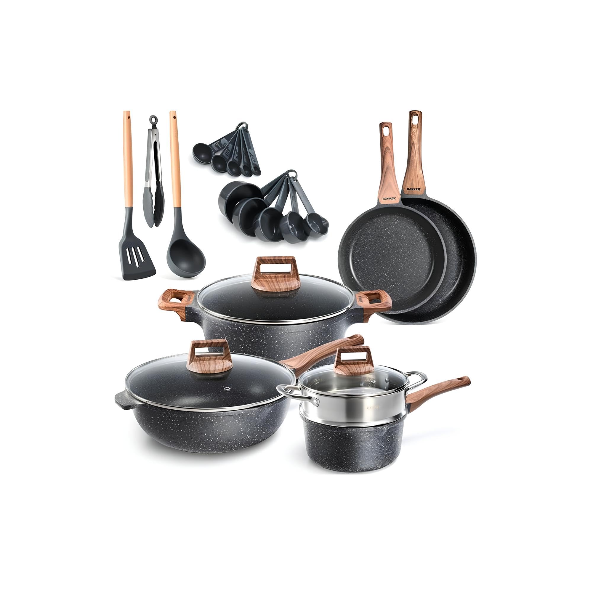 Bakken-Swiss 14-Piece Nonstick Cookware Set - Granite Coating, Eco-Friendly Kitchen Pots & Pans for Gas, Electric & Induction Stoves, Oven Safe to 450°F - Perfect for Frying, Boiling & Baking at Home